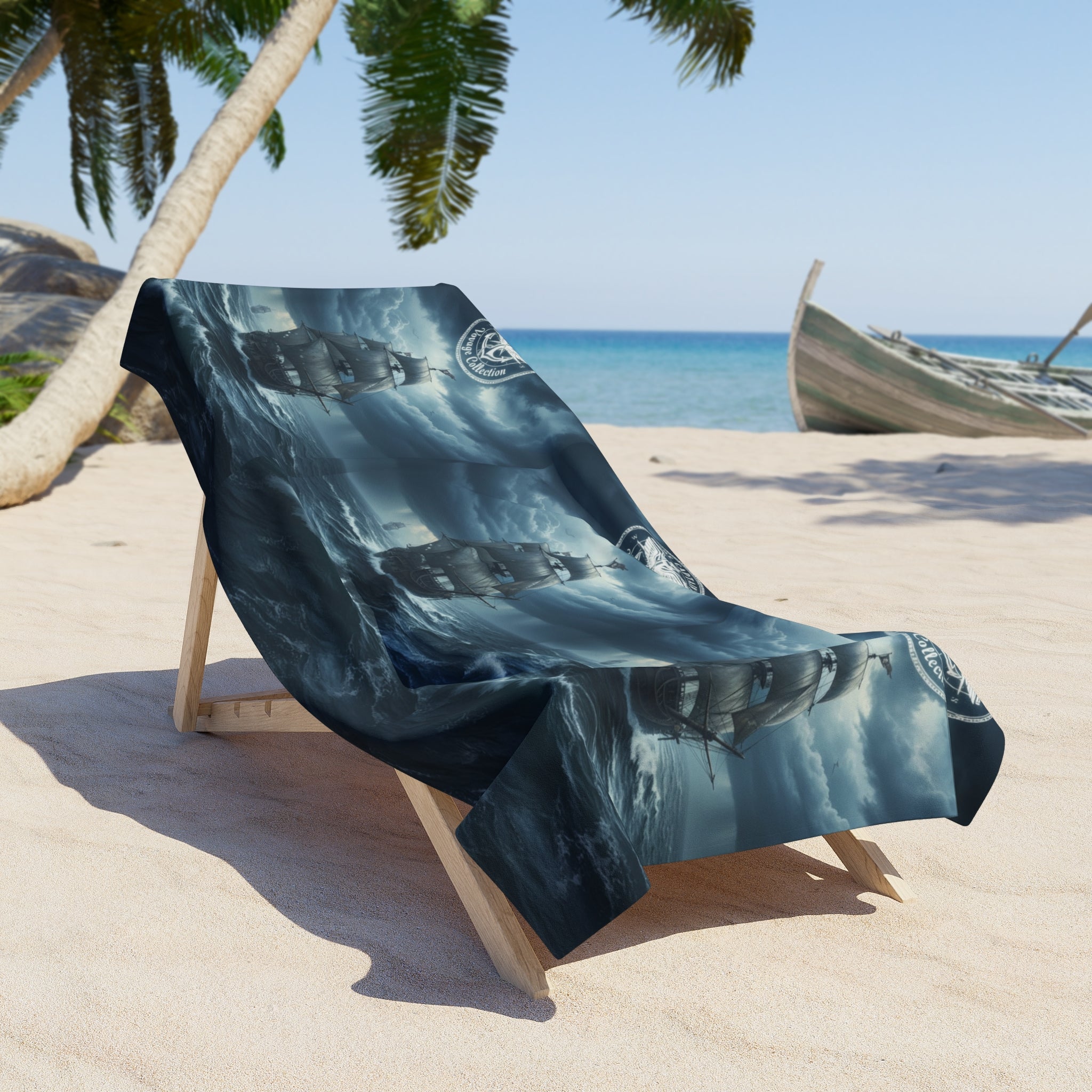 Nautical Storm Ship Beach Towel — Dark Sailing Voyage Design