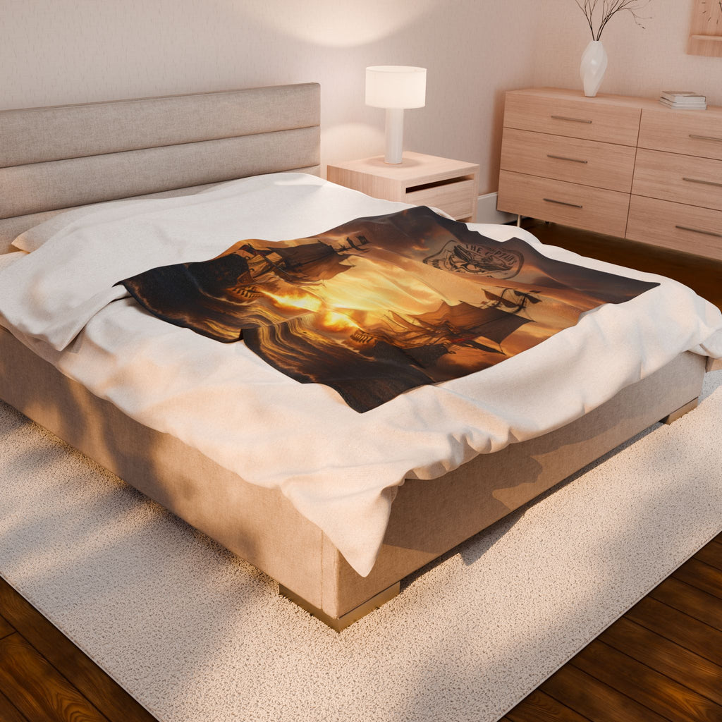 Nautical Battleship Velveteen Plush Blanket – Vintage Pirate Ship Sunset Throw