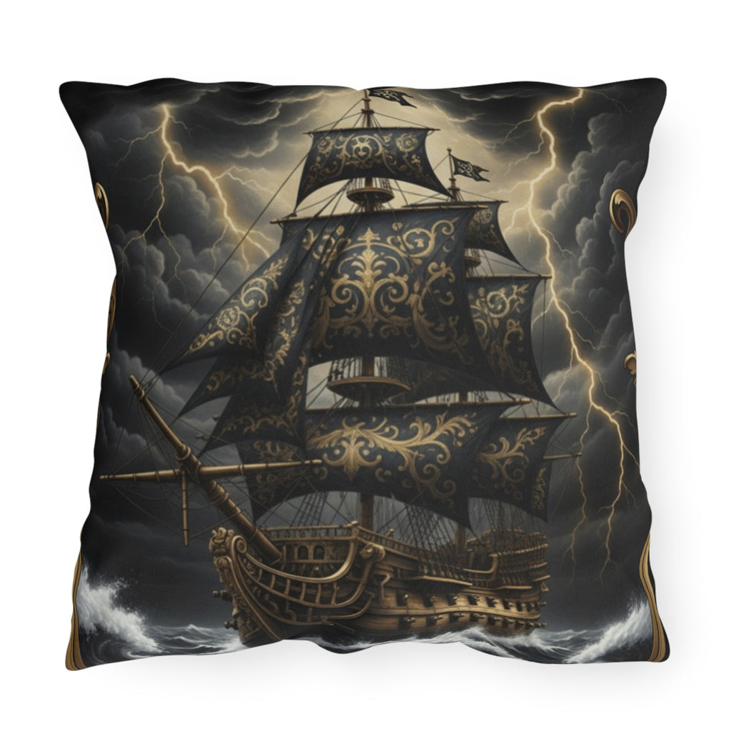 Nautical Black Pirate Ship Outdoor Pillow - "The Captain's Voyage Collection" Accent Cushion