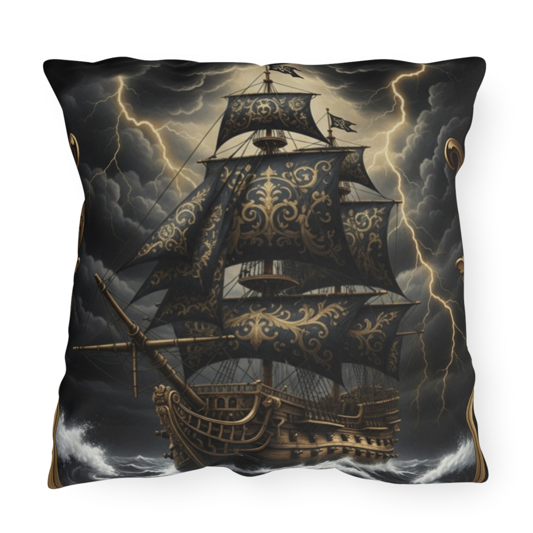 Nautical Black Pirate Ship Outdoor Pillow - "The Captain's Voyage Collection" Accent Cushion
