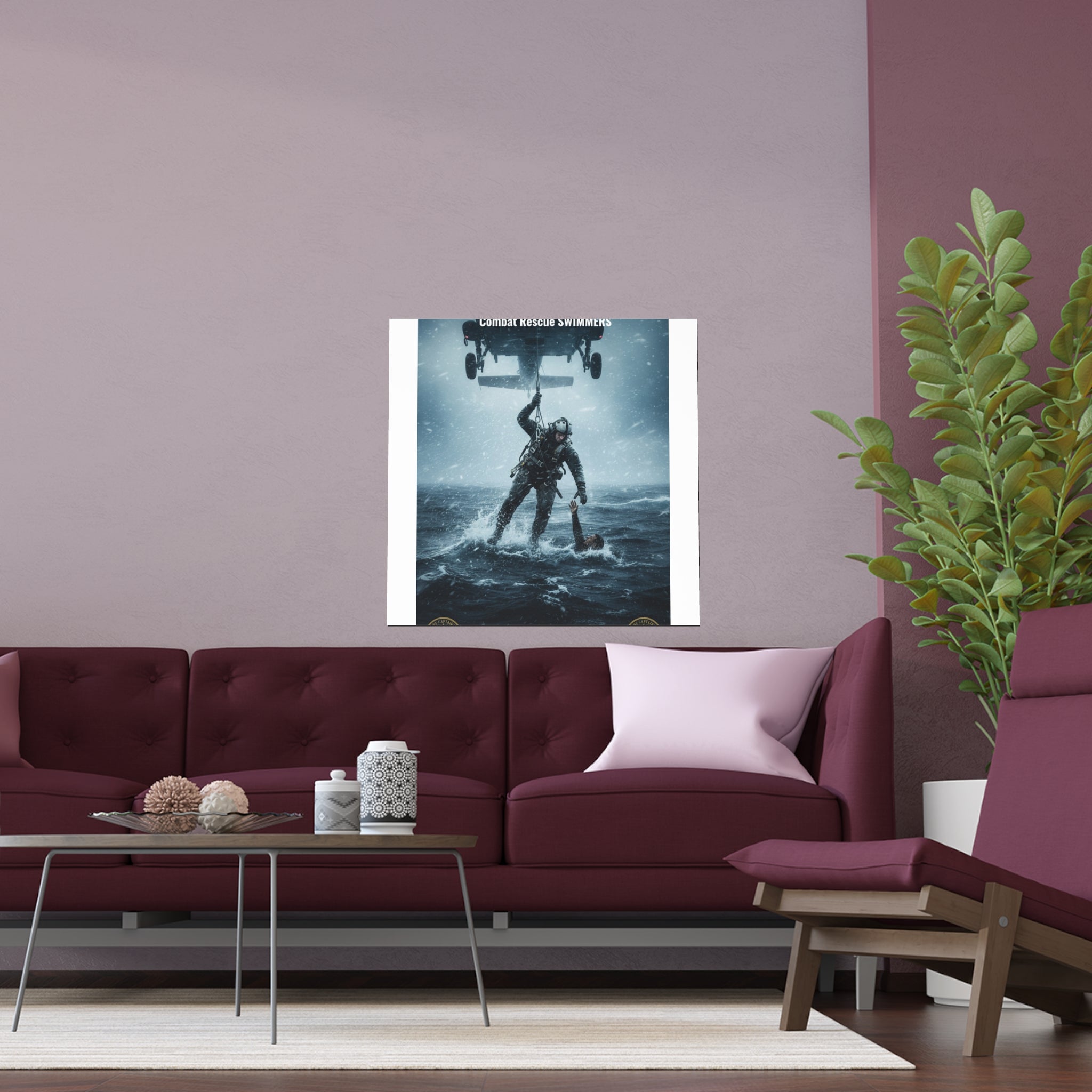 Rescue Diver Silk Poster – Dramatic Sea & Helicopter Wall Art (Indoor/Outdoor)