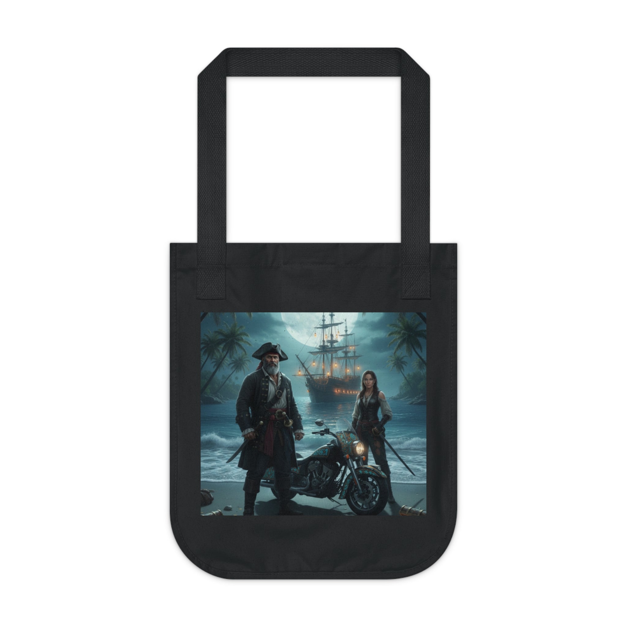 Pirate Night Motorcycle Tote — Moonlit Ship & Buccaneers Organic Canvas Bag