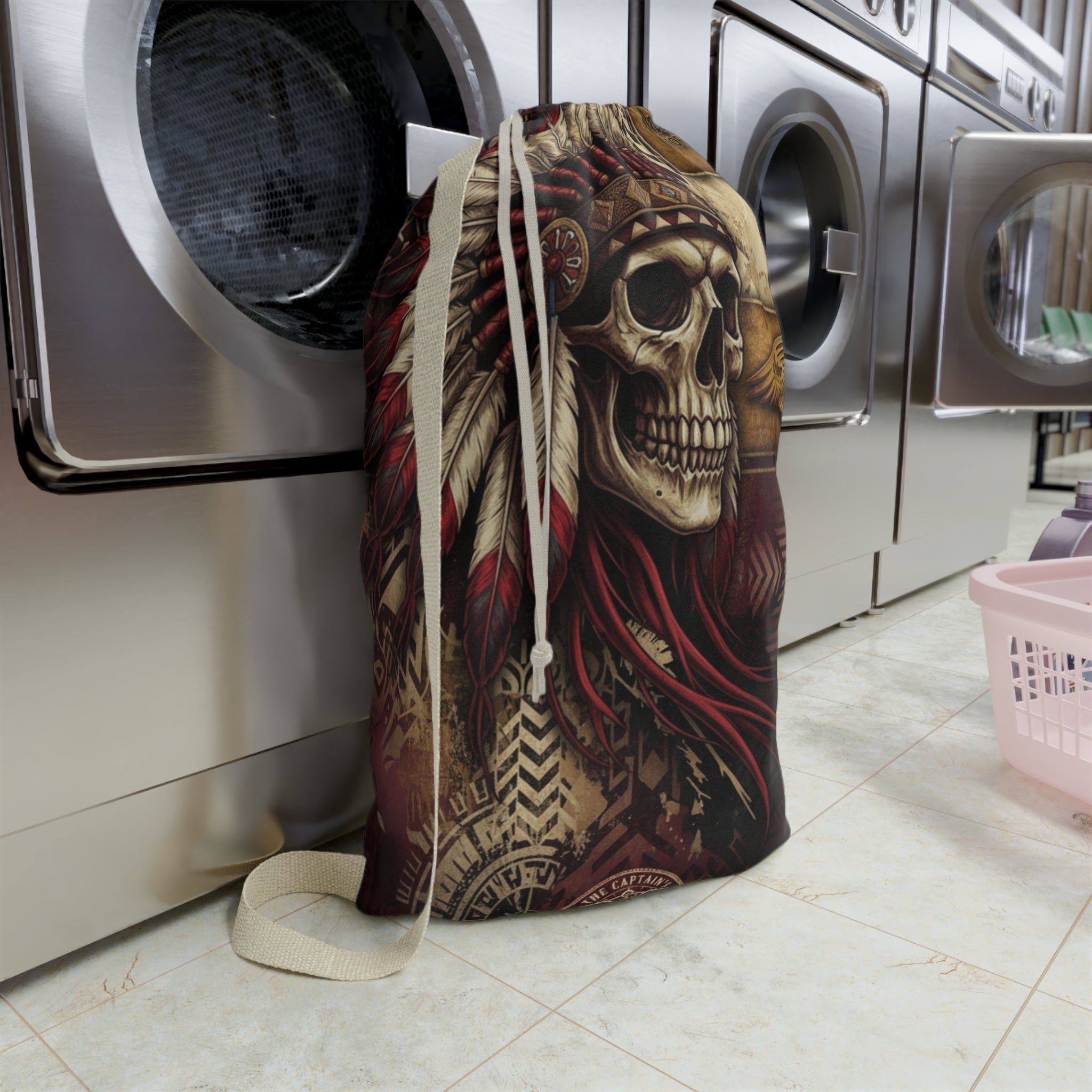 Motorcycle Laundry Bag — 'Indian' Vintage Engine & Skull Headdress Design