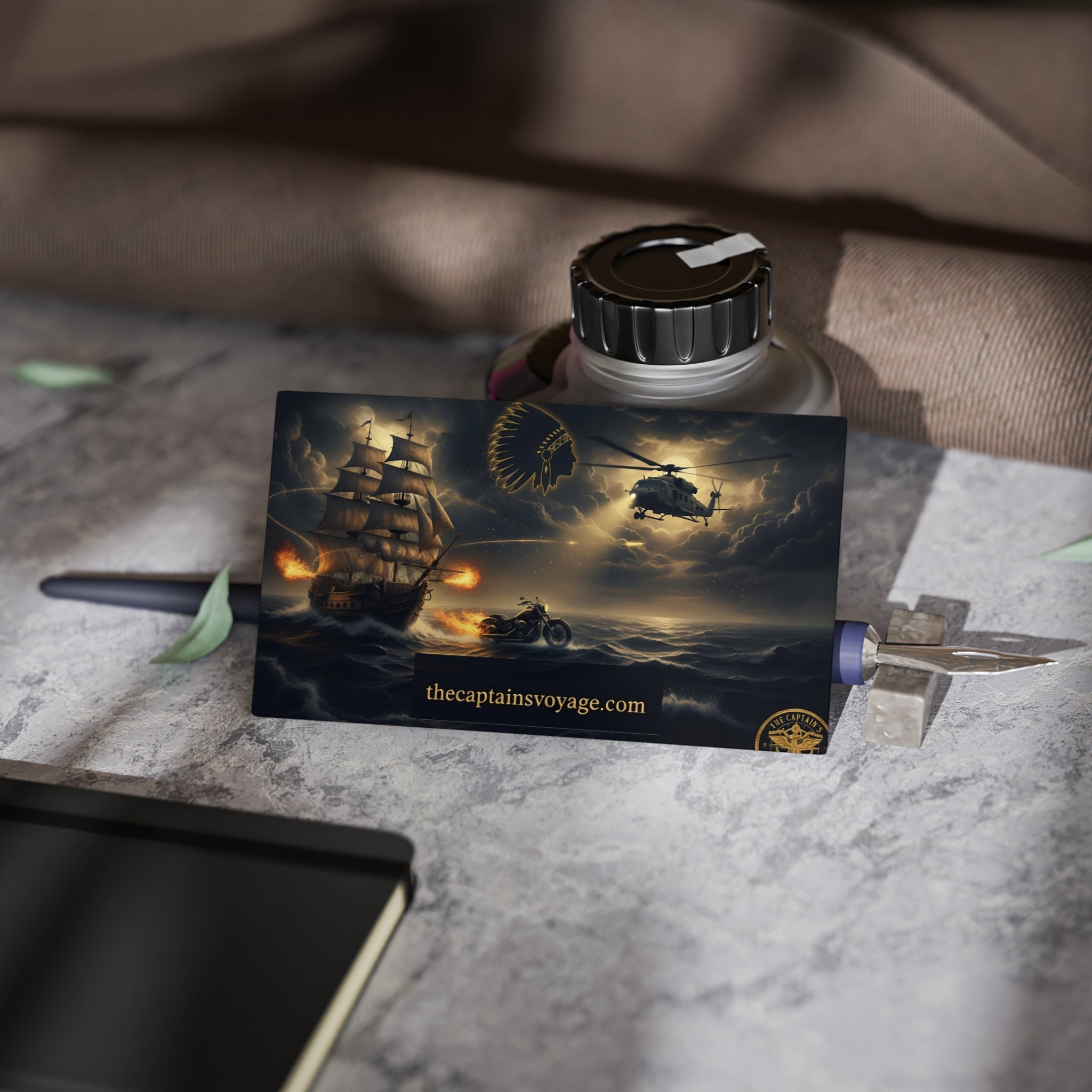 Business Cards — Nautical Adventure Scene with Ship, Helicopter & Motorcycle (thecaptainsvoyage.com)