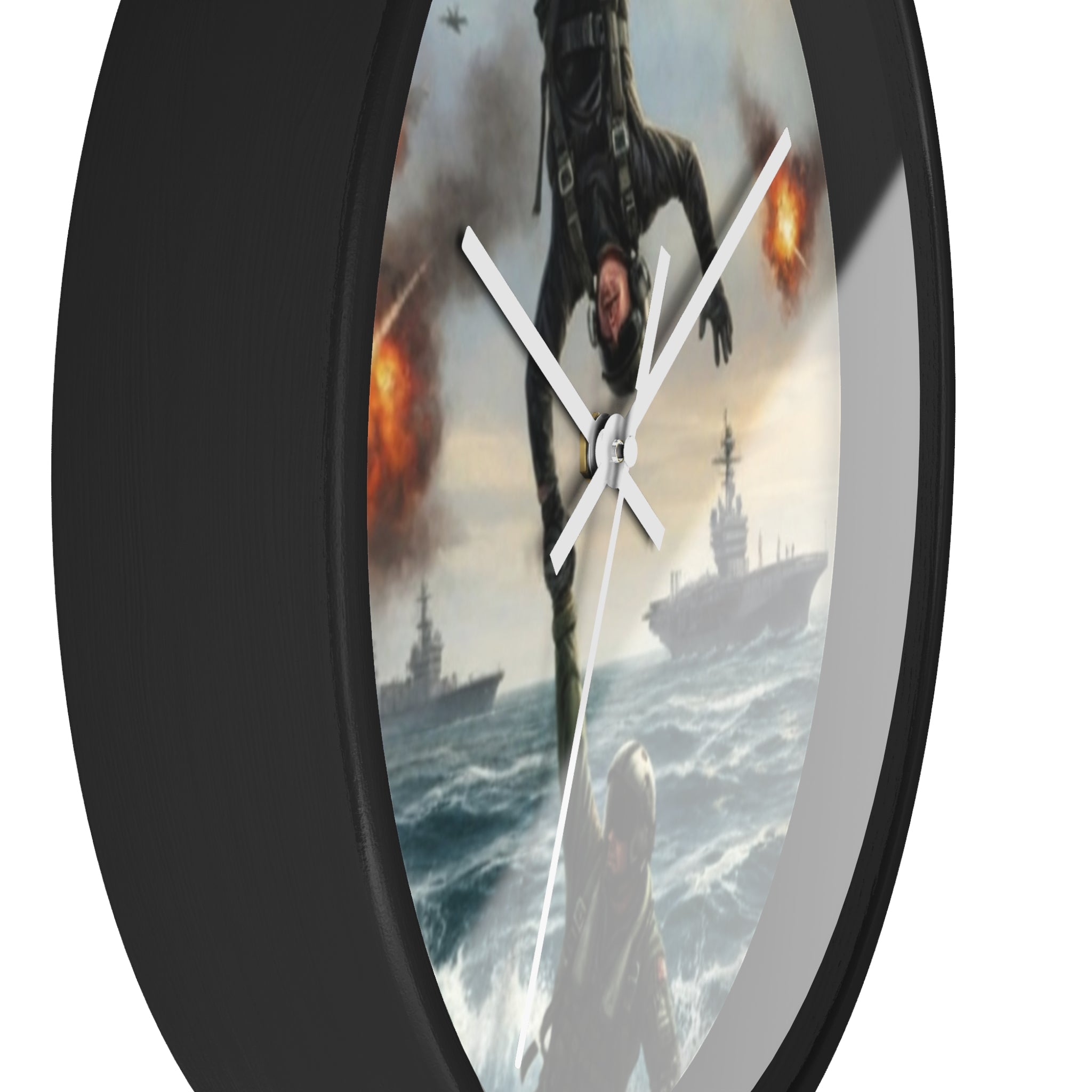 Military Rescue Wall Clock — Navy Helicopter & Sailor Action Scene