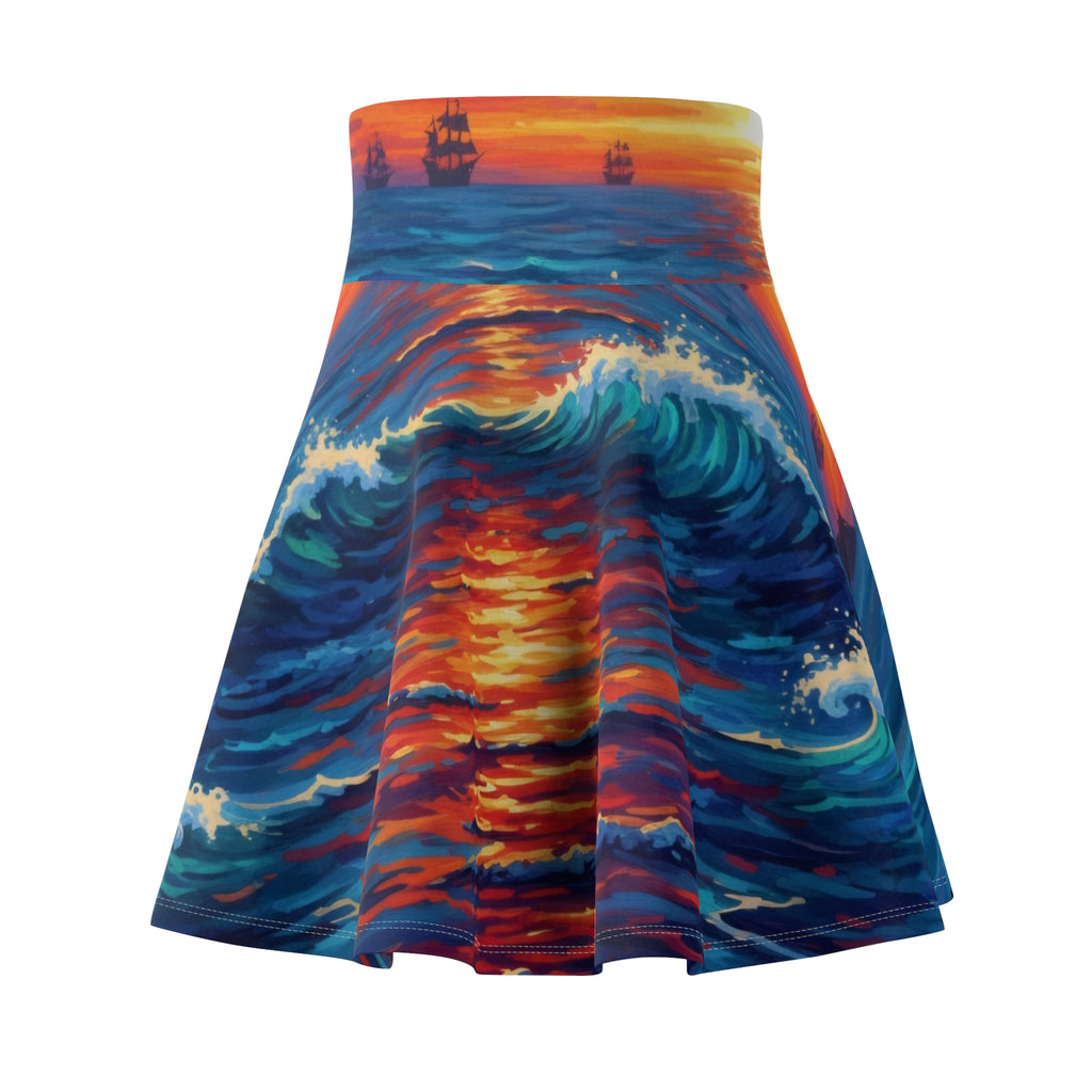 Ocean Sunset Skater Skirt — Vibrant Wave & Sailing Ship AOP