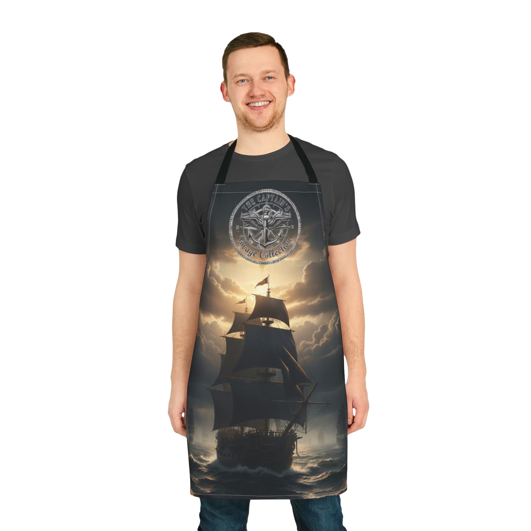 Nautical Pirate Ship Apron — Stormy Sea Cooking Apron with Anchor Emblem