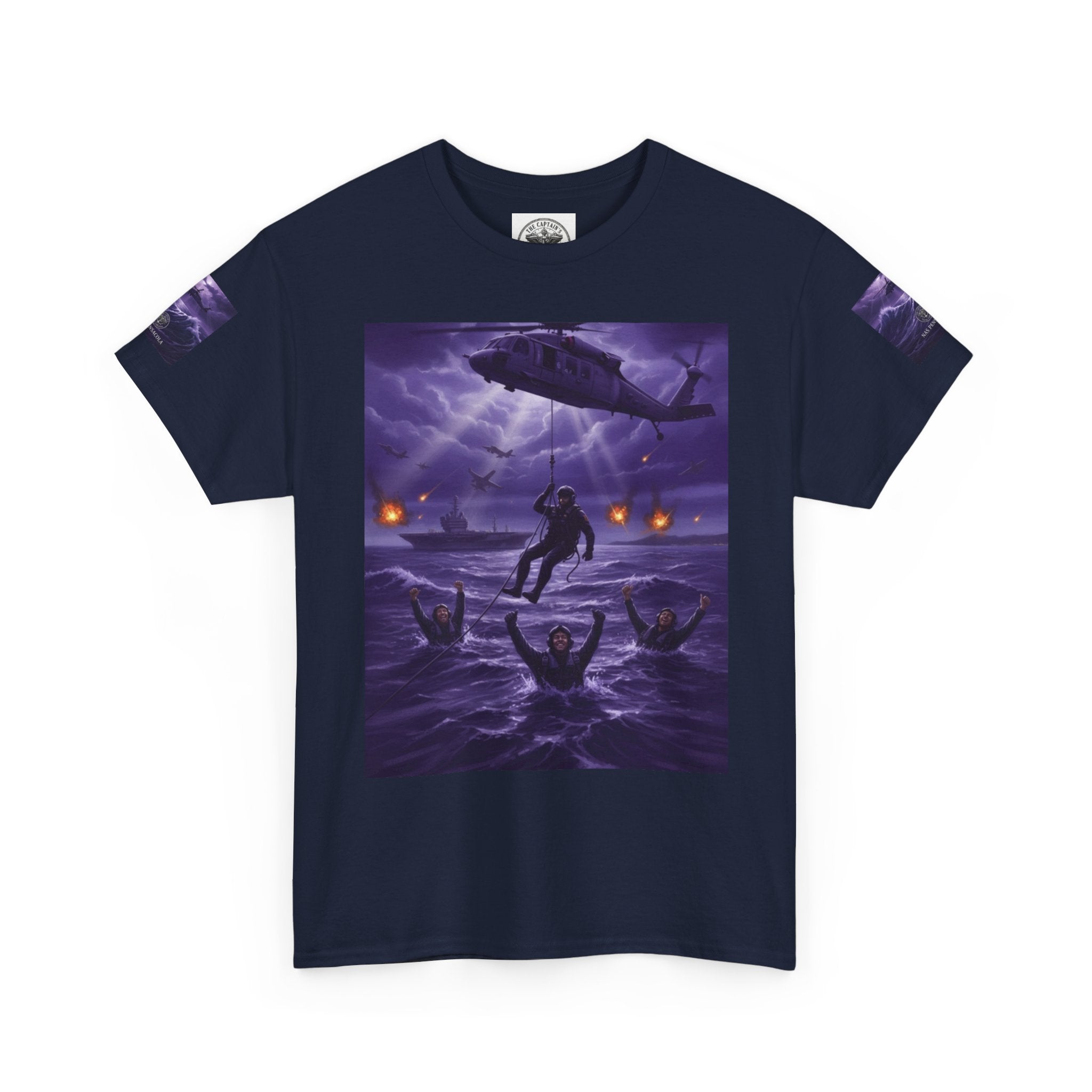Rescue Night Tee — Purple Helicopter Sea Rescue Graphic T-Shirt