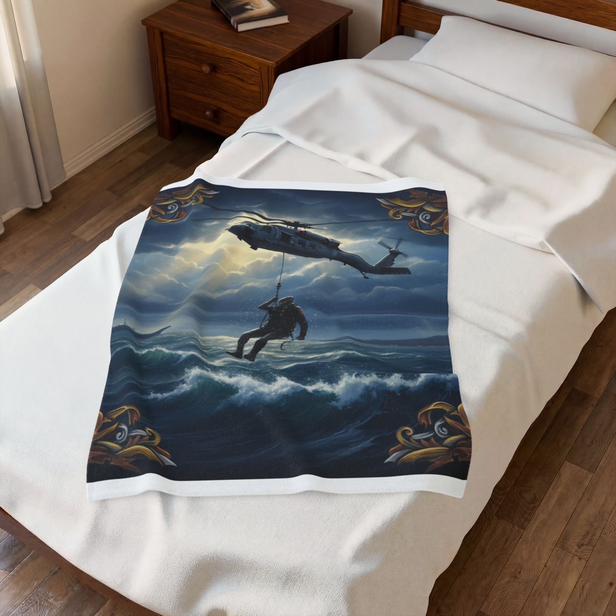 Rescue Helicopter Velveteen Plush Blanket — Maritime SAR Scene