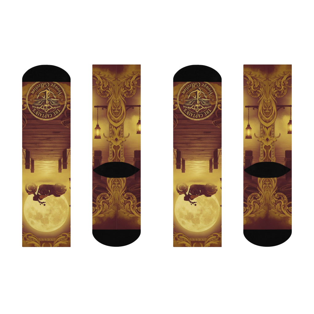 Moonlit Pier Crew Socks — Vintage Motorcycle Night Ride Design