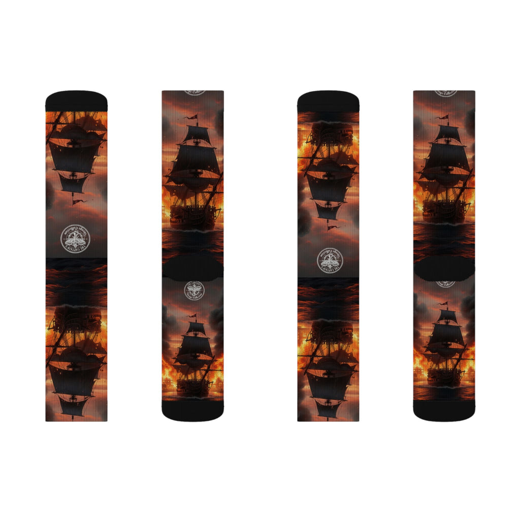 Pirate Ship Sunset Socks — Nautical Sailing Crew Socks with Dramatic Sunset Ship Silhouette