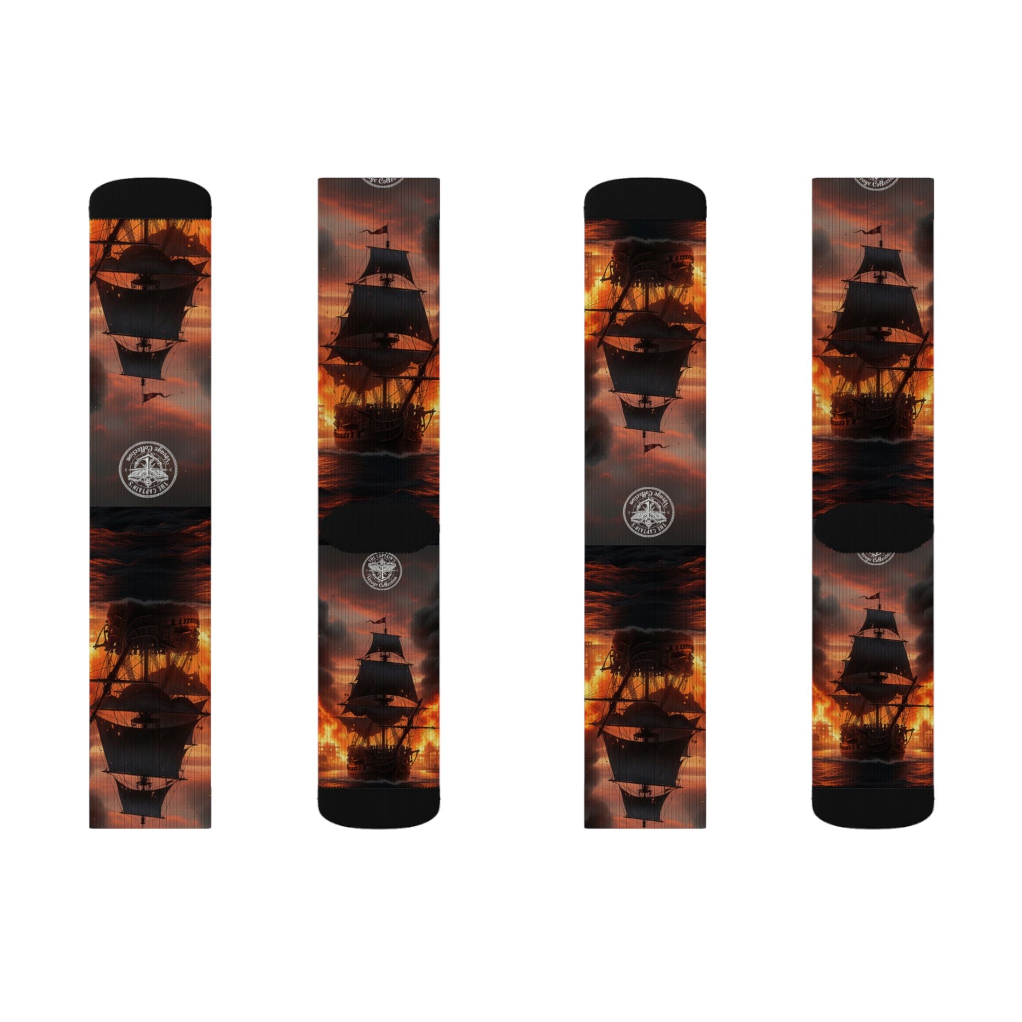 Pirate Ship Sunset Socks — Nautical Sailing Crew Socks with Dramatic Sunset Ship Silhouette