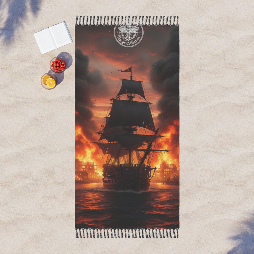 Pirate Ship Beach Towel — Flaming Sunset Shipwreck Scene