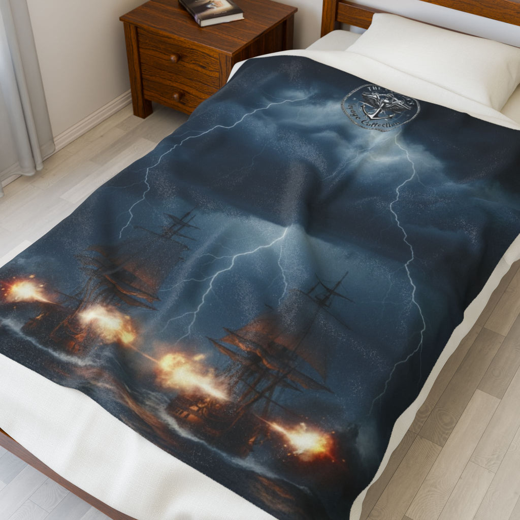 Naval Battle Velveteen Plush Blanket – Stormy Ship Warfare Design