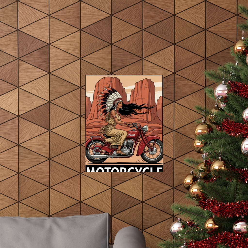 Motorcycle Vintage Poster — Native Woman on Red Indian Bike Matte Vertical Art Print