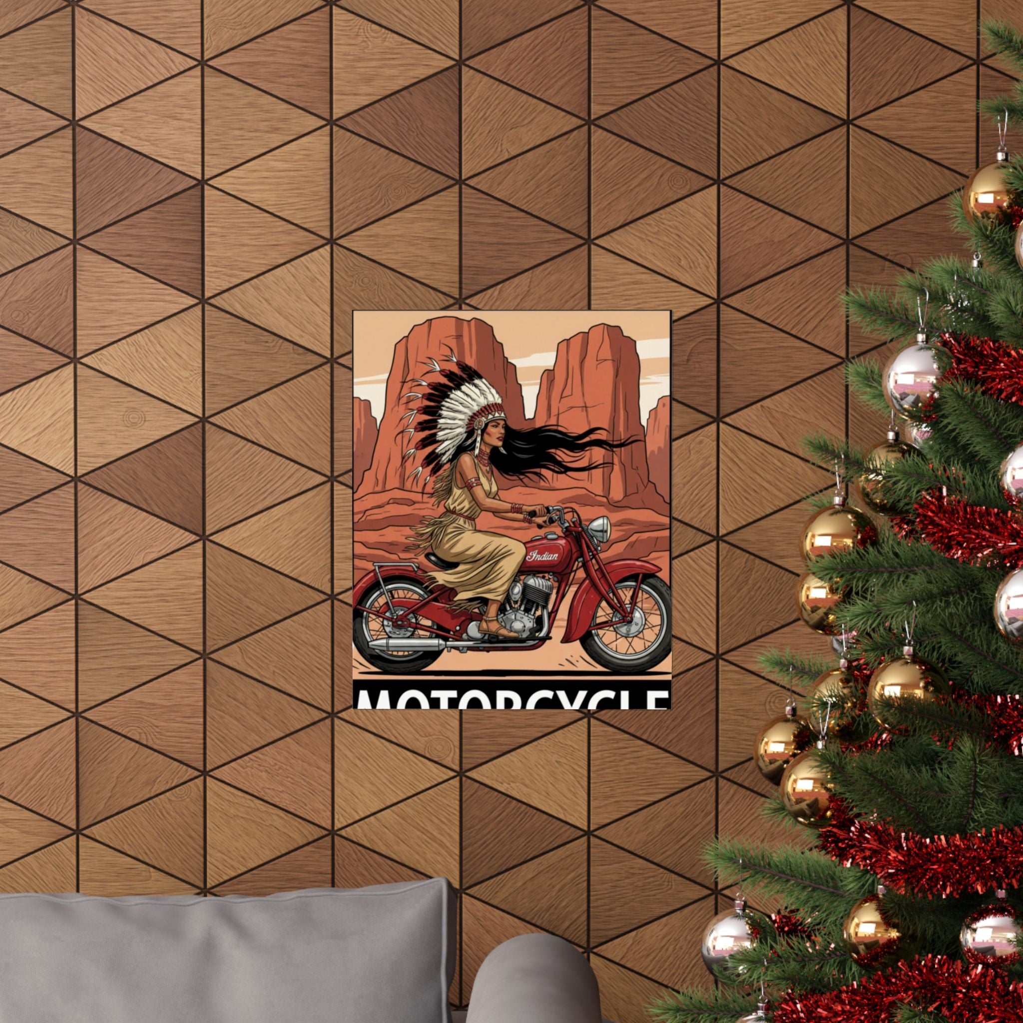 Motorcycle Vintage Poster — Native Woman on Red Indian Bike Matte Vertical Art Print