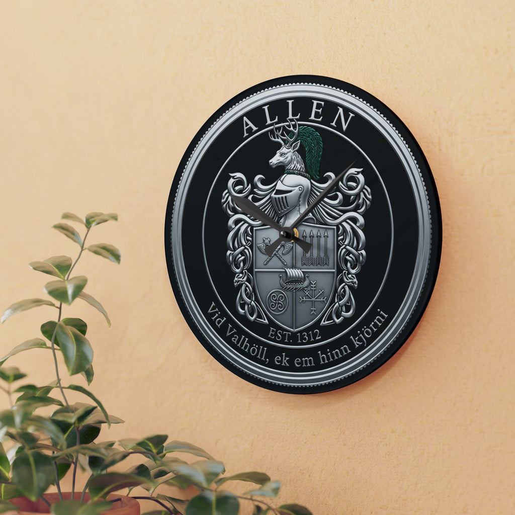 Allen Family Crest Acrylic Wall Clock — Personalized Celtic Coat of Arms Decor
