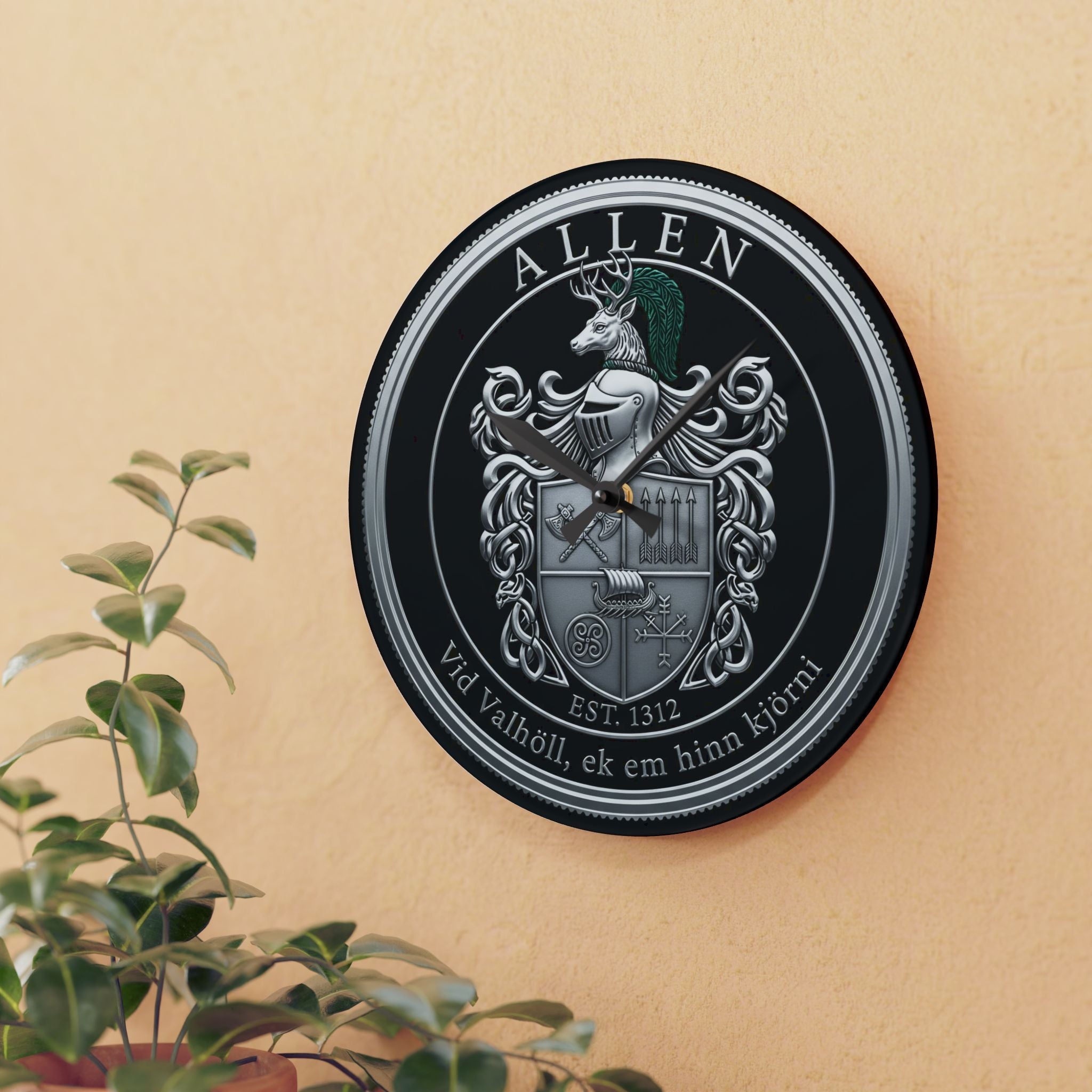 Allen Family Crest Acrylic Wall Clock — Personalized Celtic Coat of Arms Decor