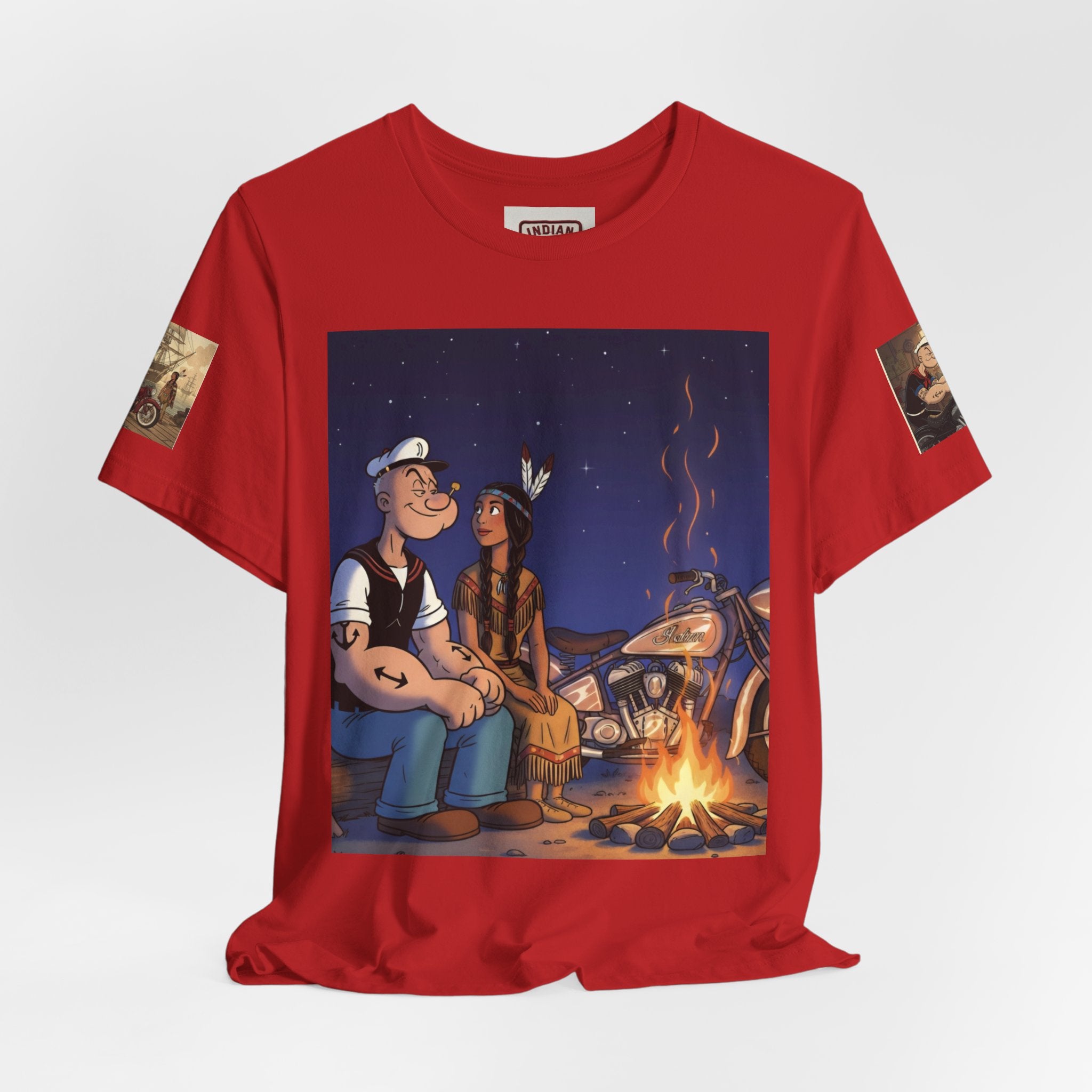 Popeye & Olive Adventure Tee — Vintage Motorcycle Campfire Graphic T-Shirt