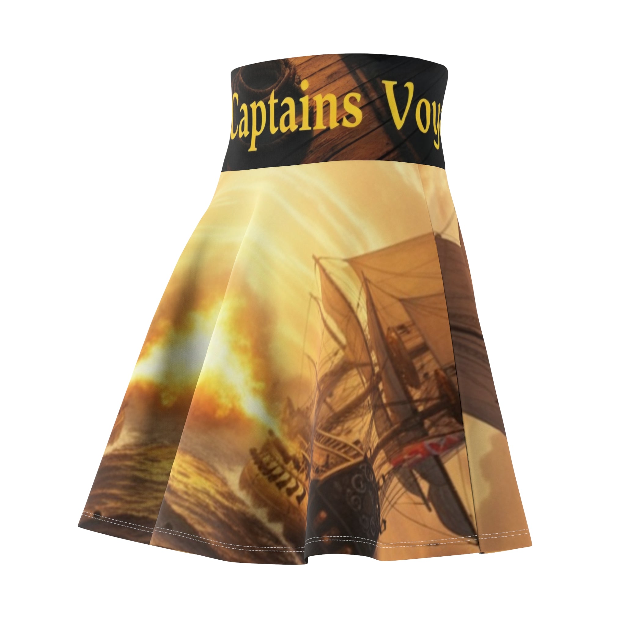 Golden Pirate Ship Skater Skirt - 'The Captains' AOP Nautical Graphic