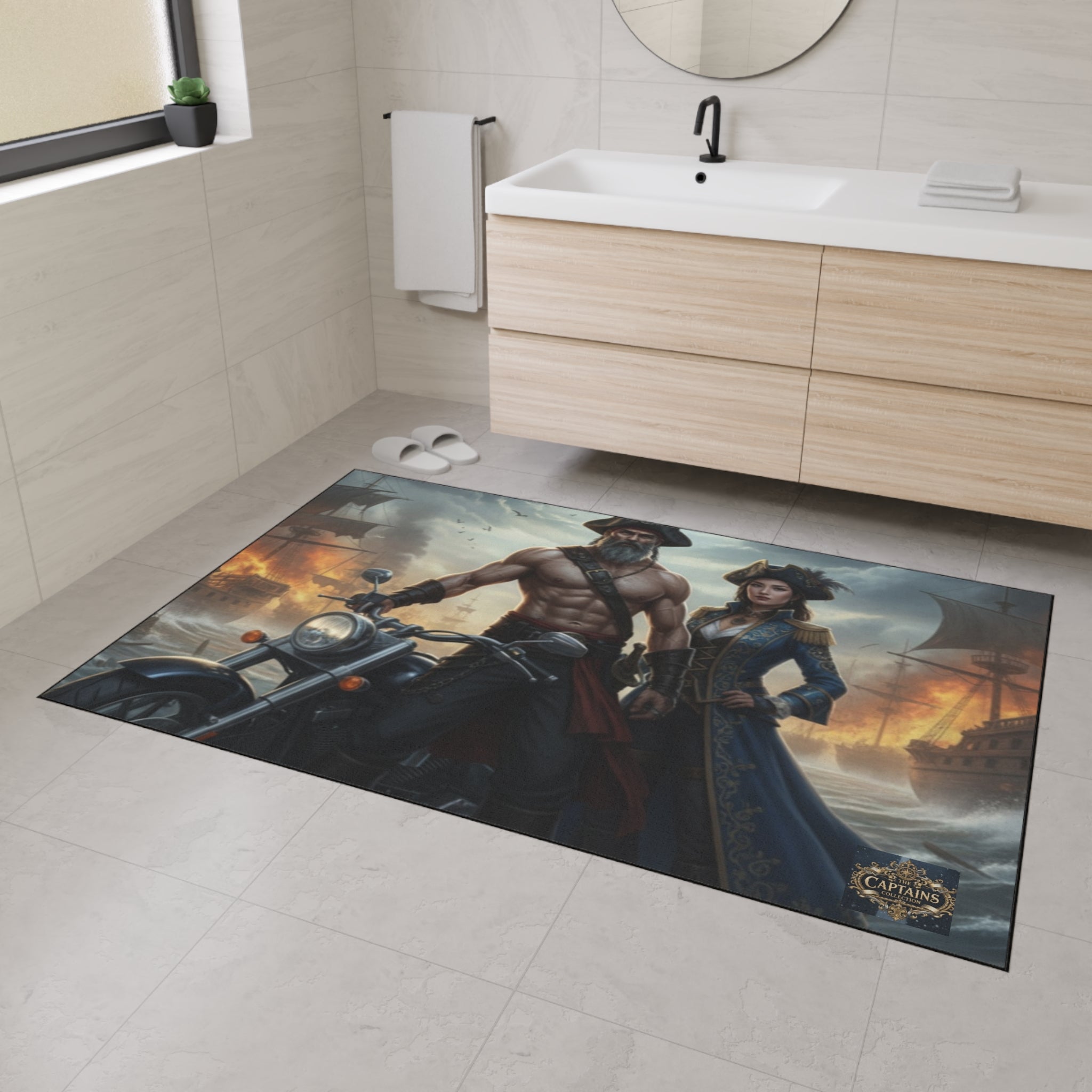 Pirate Captain & Corsair Heavy-Duty Floor Mat — Nautical Motorcycle Art Rug