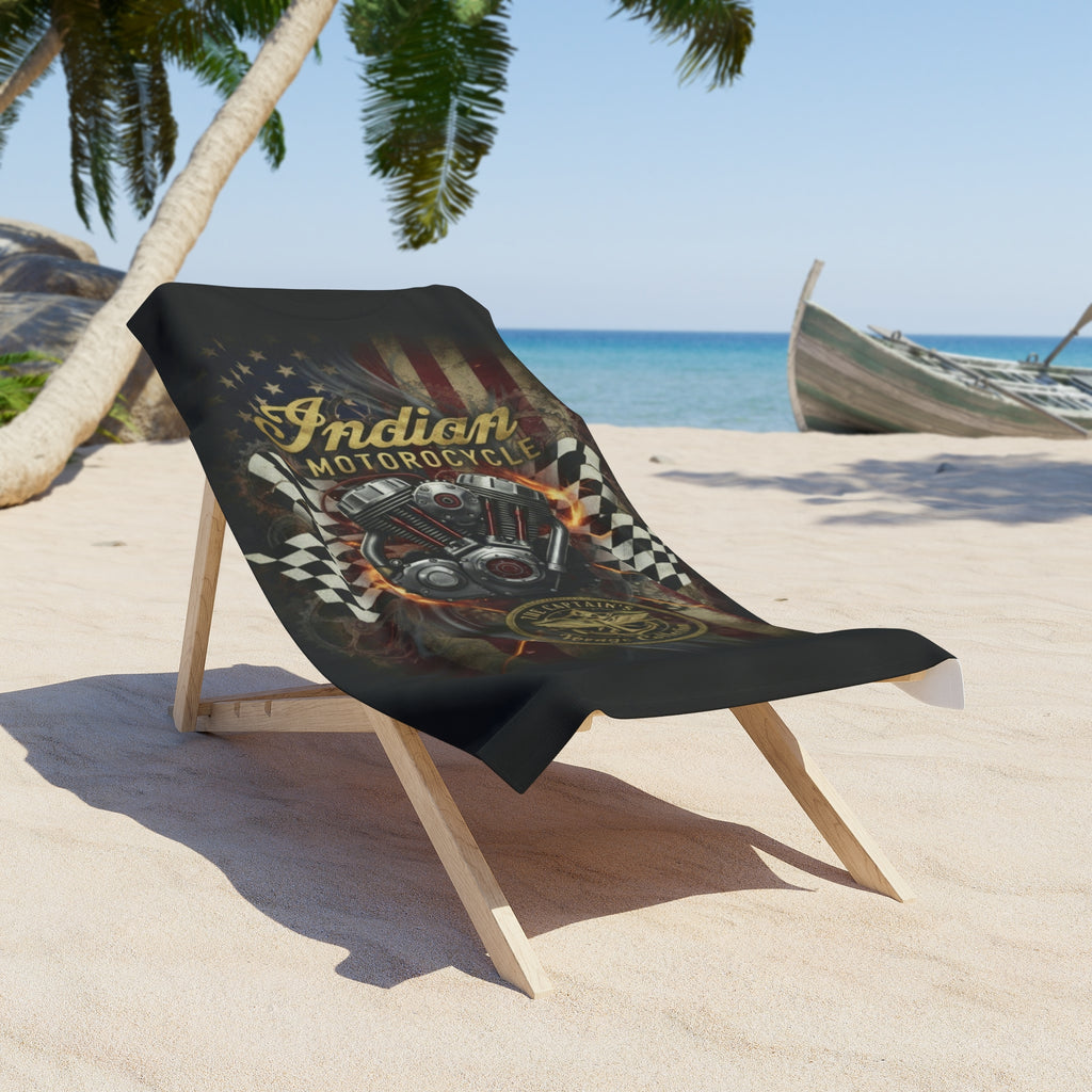 Indian Motorcycle Engine Beach Towel — Vintage American Flag Racing Design