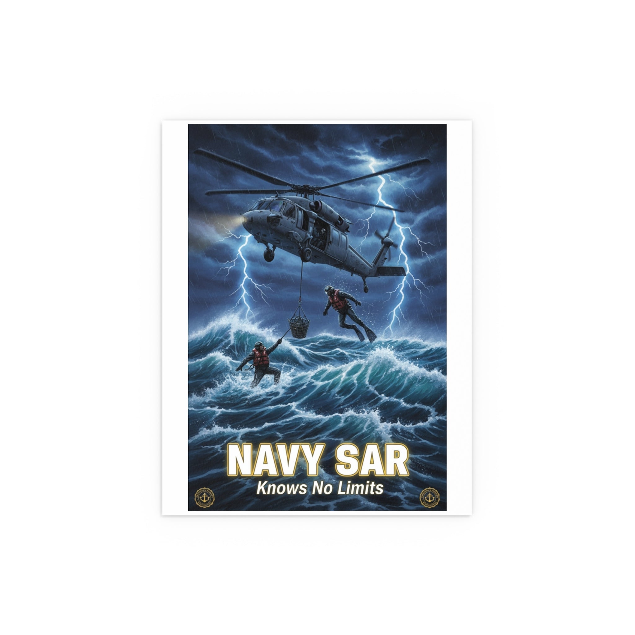Navy SAR Silk Poster — "Knows No Limits" Rescue Helicopter Art (Indoor/Outdoor)