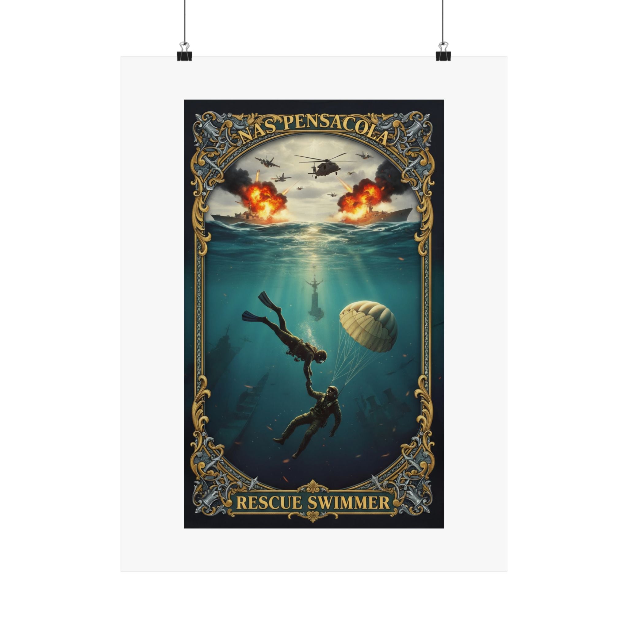Rescue Swimmer Matte Vertical Poster — NAS Pensacola Military Aviation & Sea Rescue Art