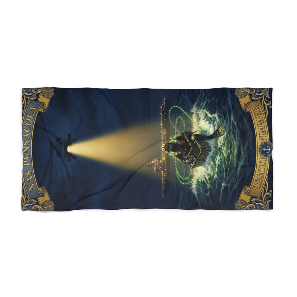 Nautical Lighthouse & Diver Beach Towel — Vintage Maritime Rescue Design