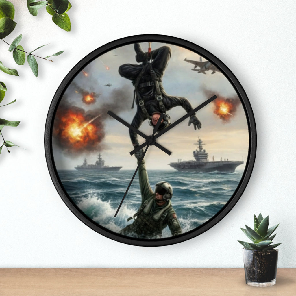 Military Rescue Wall Clock — Navy Helicopter & Sailor Action Scene