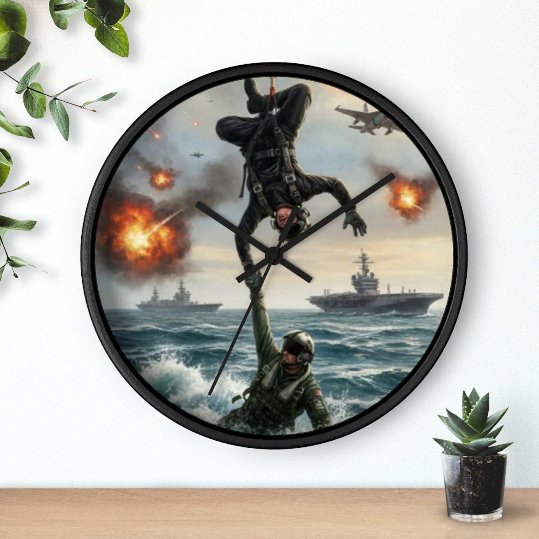 Military Rescue Wall Clock — Navy Helicopter & Sailor Action Scene