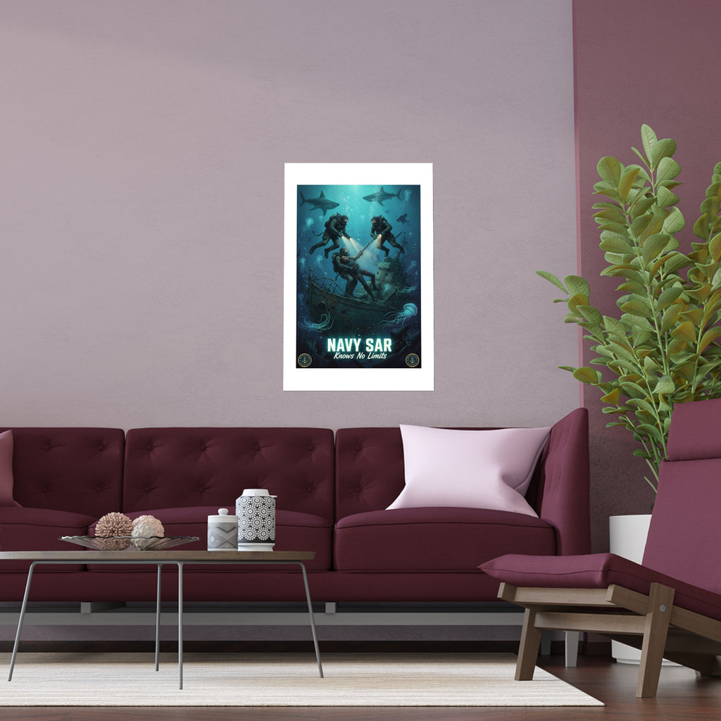 Navy SAR Silk Poster — 'Knows No Limits' Underwater Diver Rescue Art