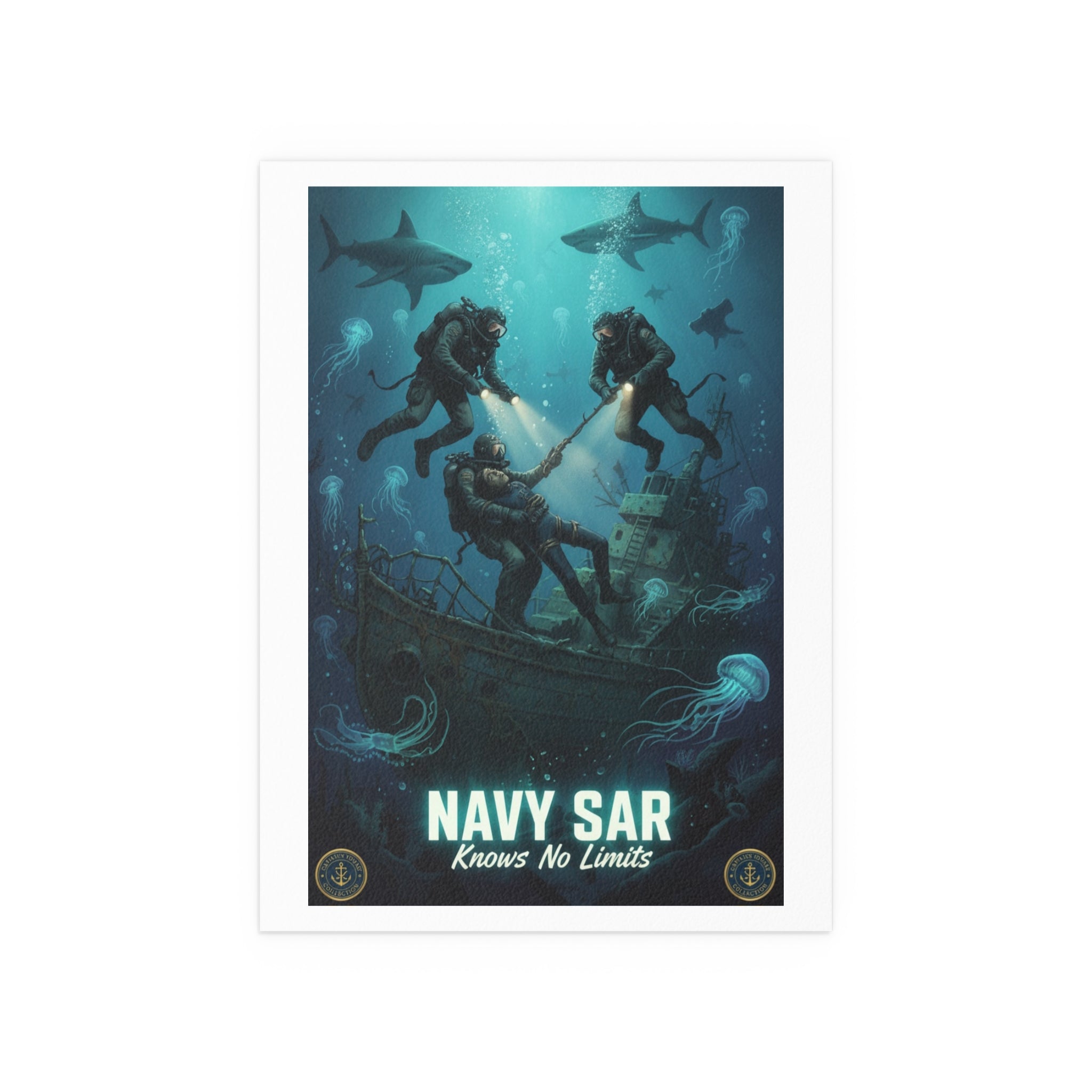 Navy SAR Silk Poster — 'Knows No Limits' Underwater Diver Rescue Art