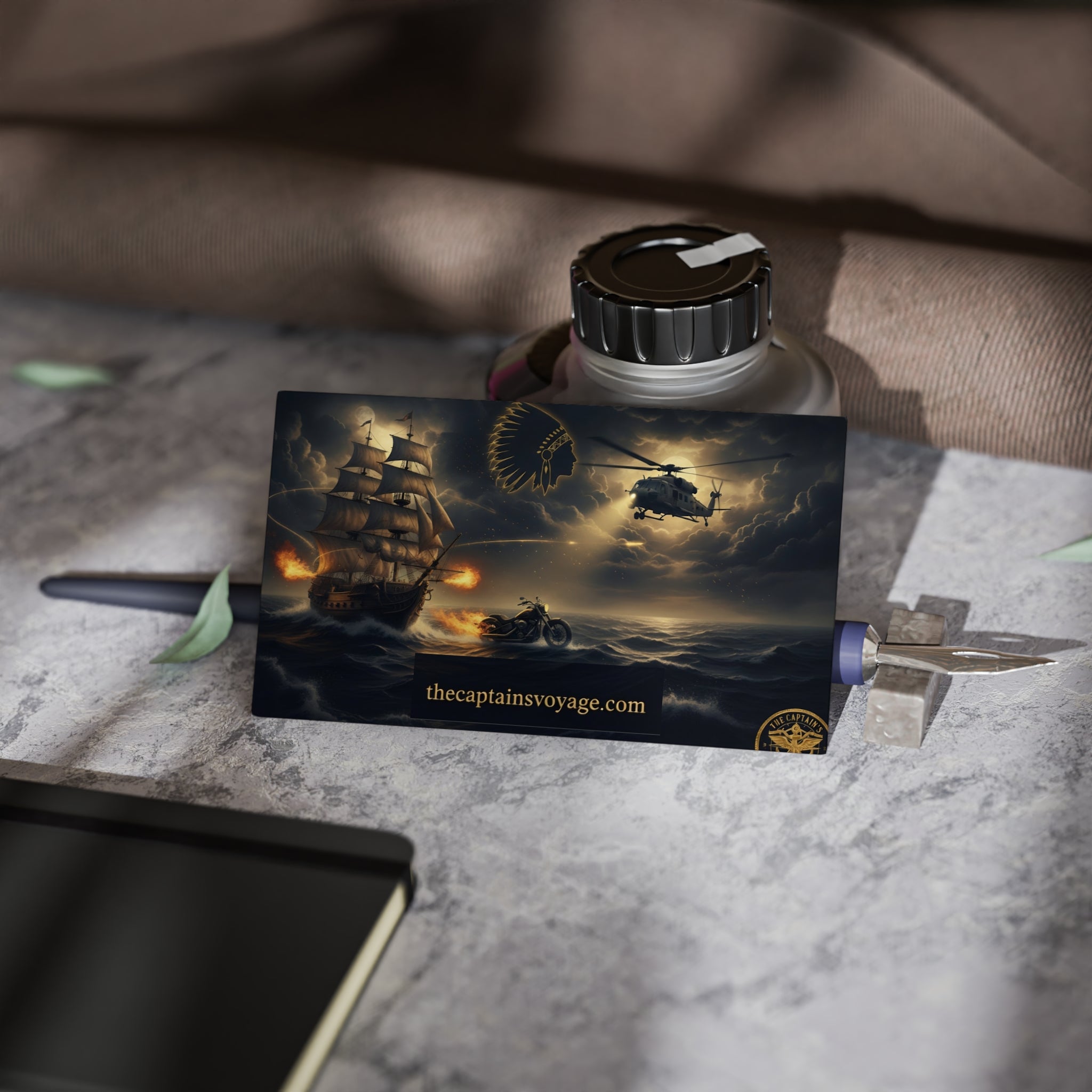 Business Cards — Nautical Adventure Scene with Ship, Helicopter & Motorcycle (thecaptainsvoyage.com)