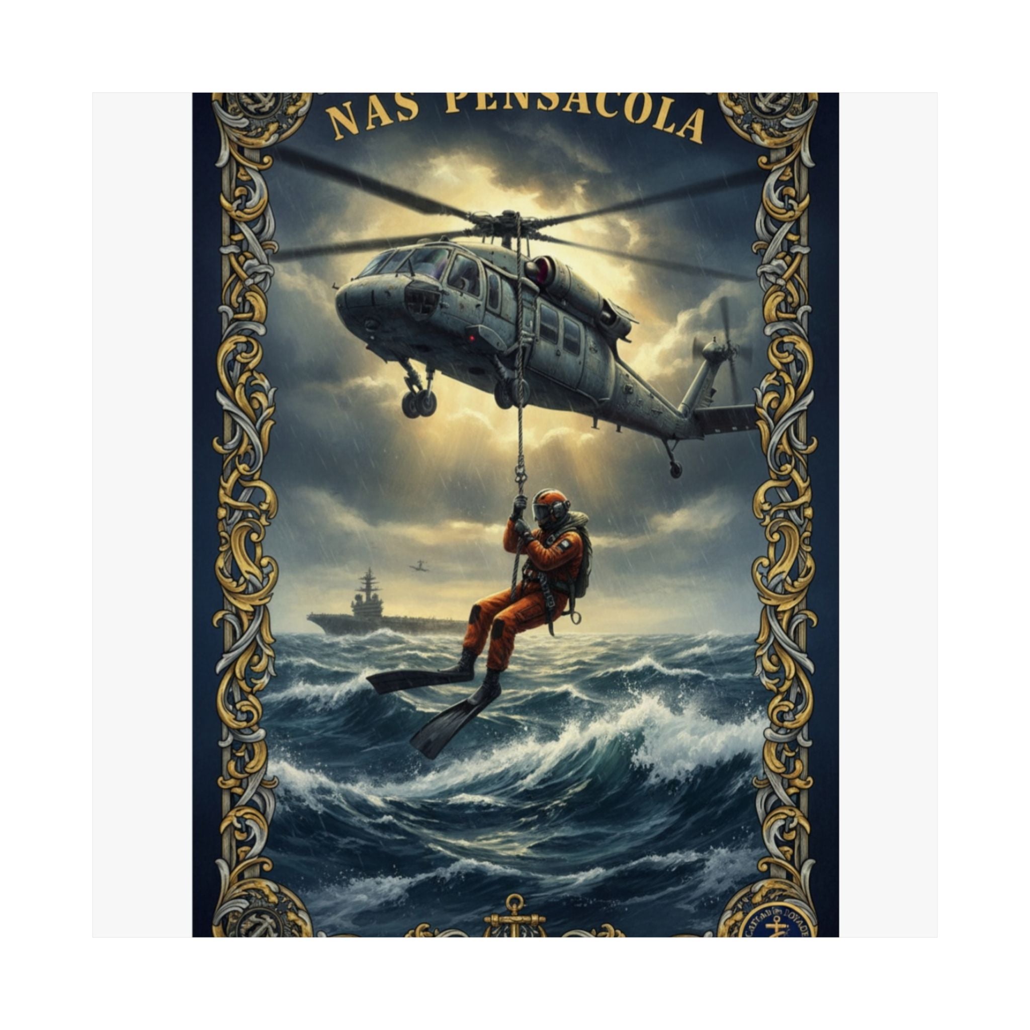 NAS Pensacola Rescue Helicopter Matte Poster — Search & Rescue Nautical Wall Art
