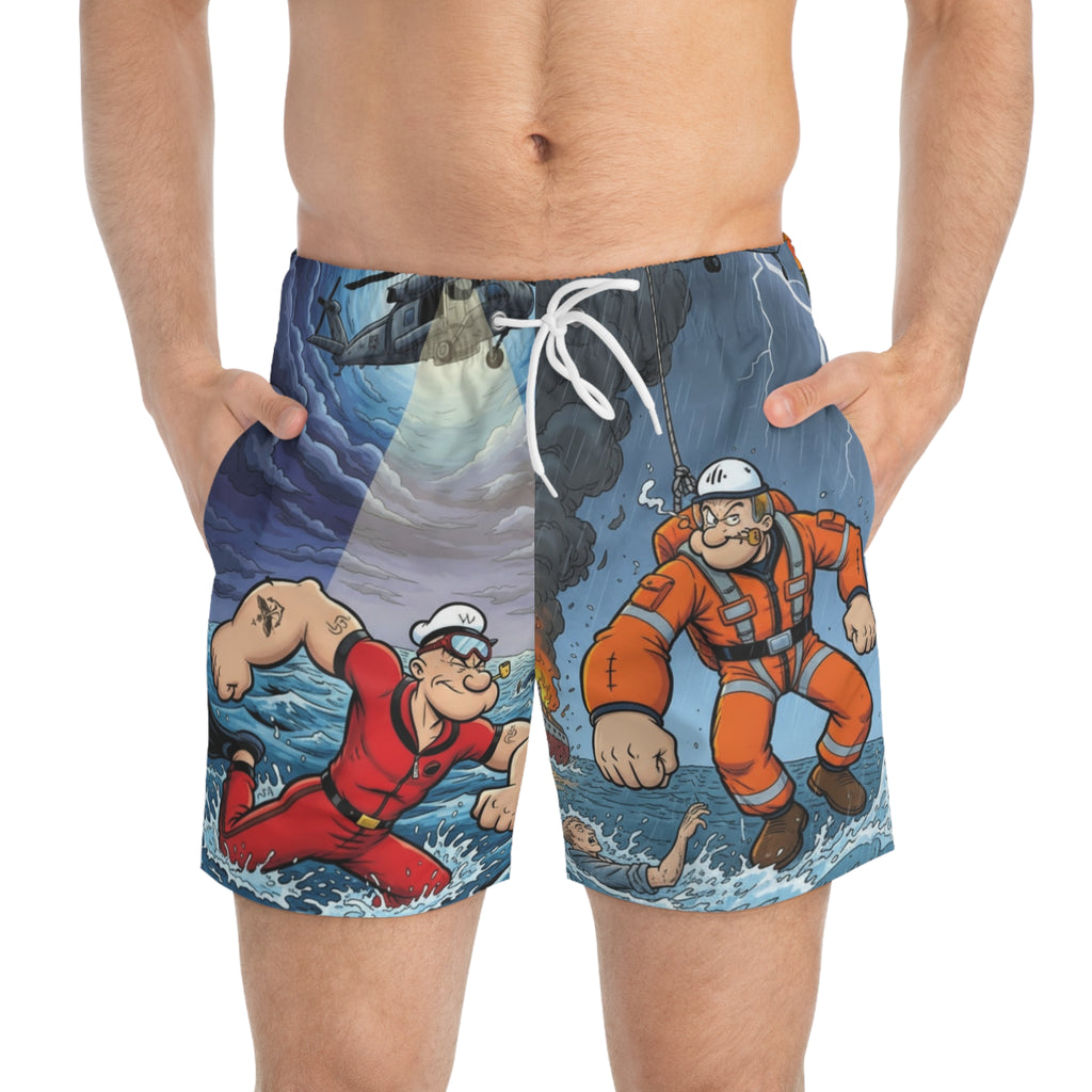 Popeye Rescue Crew Swim Trunks — All-Over-Print Nautical Cartoon Beach Shorts