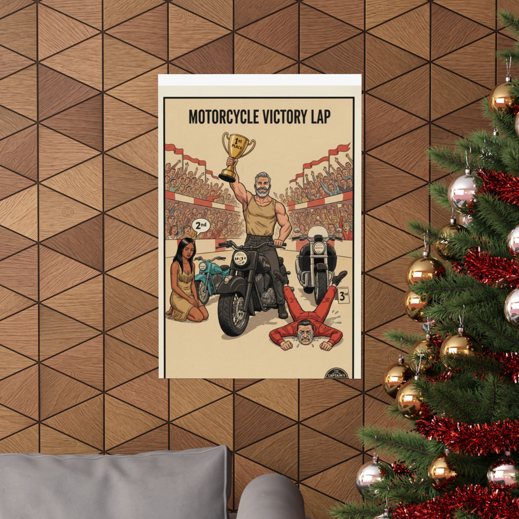 Motorcycle Victory Lap Poster — Retro Biker Triumph Matte Vertical Art