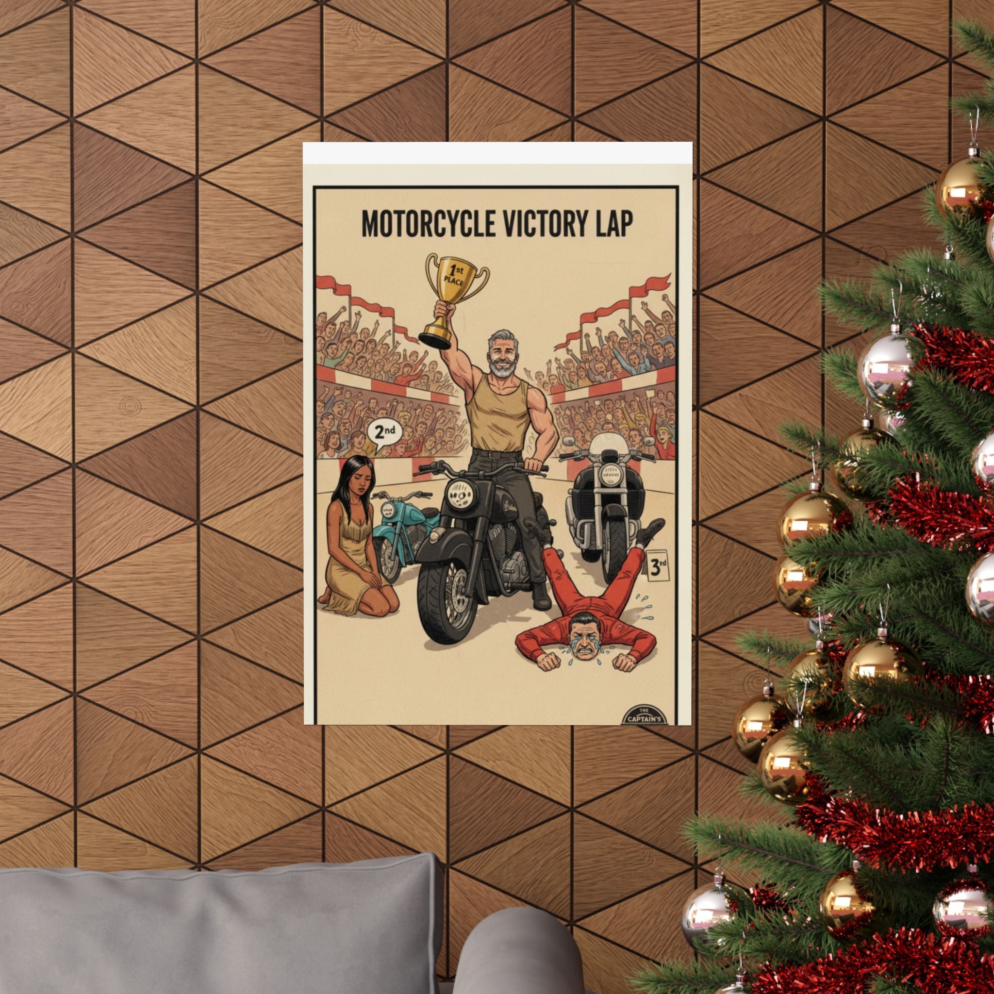 Motorcycle Victory Lap Poster — Retro Biker Triumph Matte Vertical Art