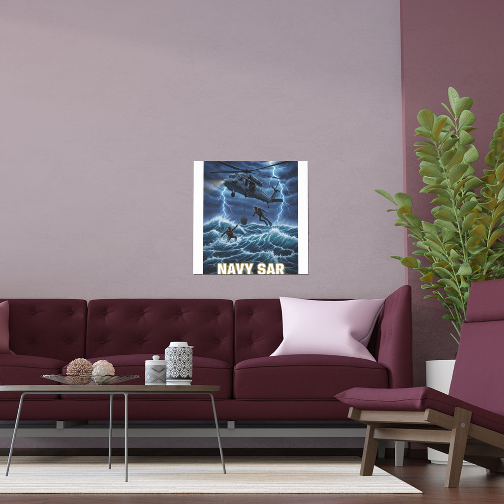 Navy SAR Silk Poster — "Knows No Limits" Rescue Helicopter Art (Indoor/Outdoor)