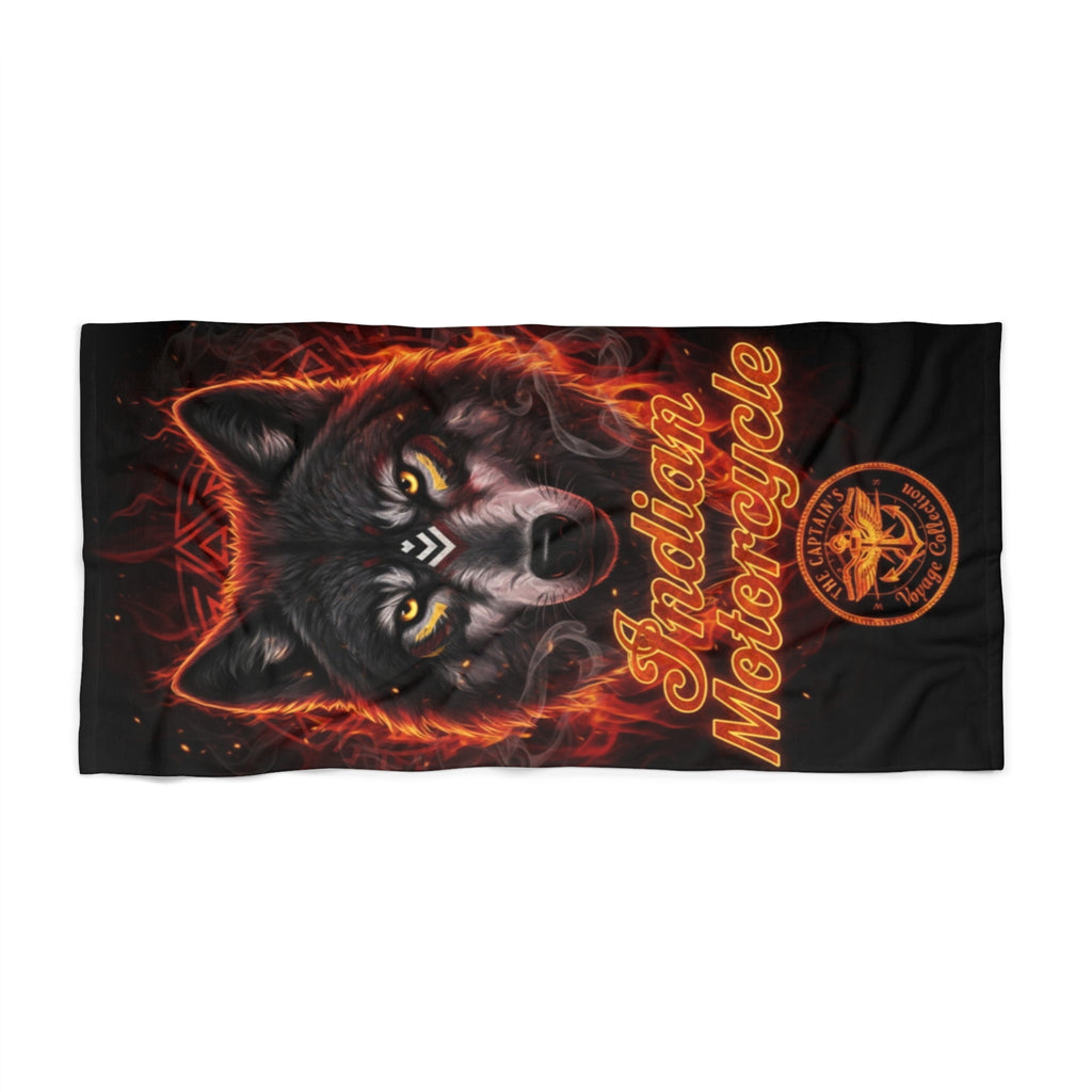 Indian Motorcycle Wolf Beach Towel — Flaming Wolf Graphic Beach Towel for Riders & Bikers