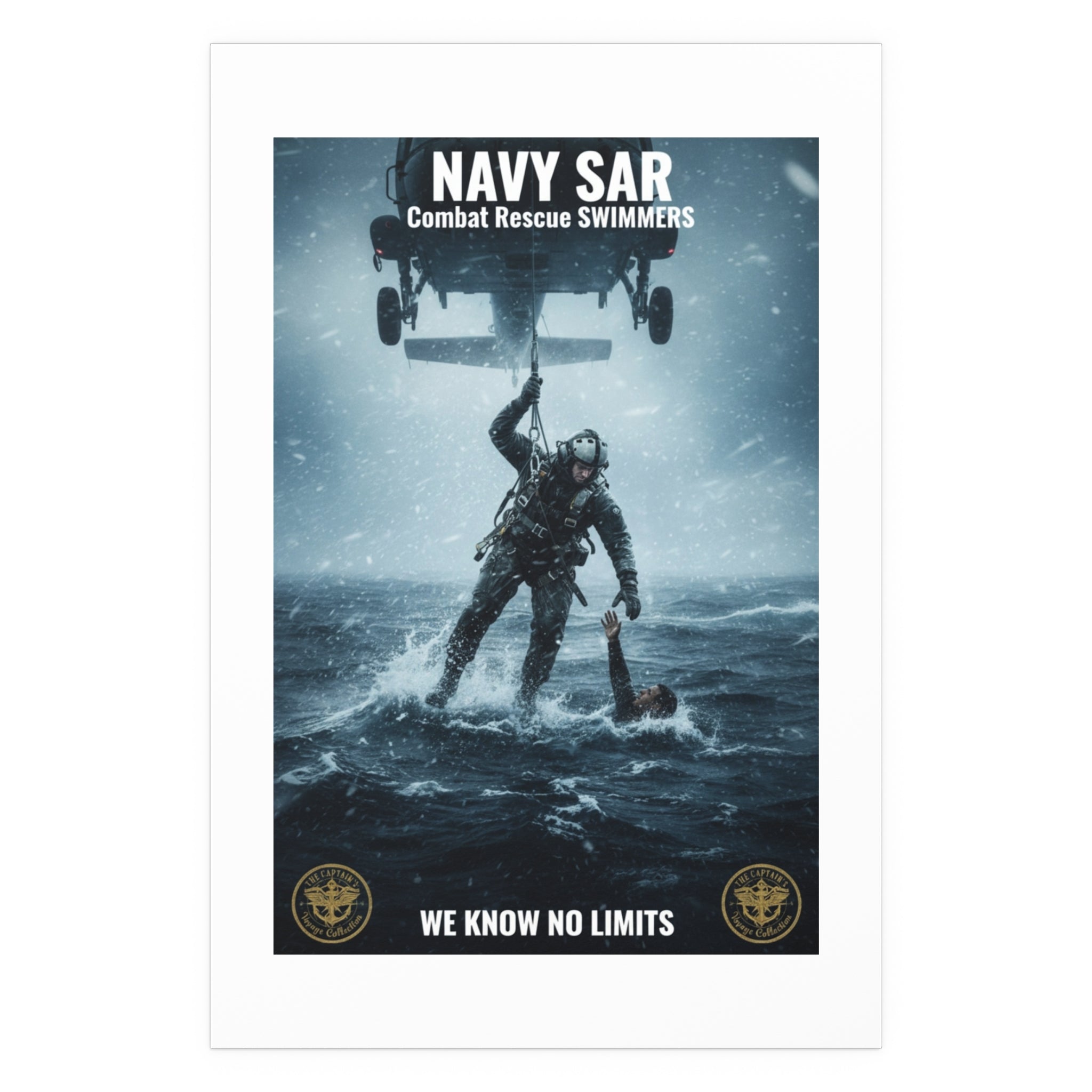 Rescue Diver Silk Poster – Dramatic Sea & Helicopter Wall Art (Indoor/Outdoor)