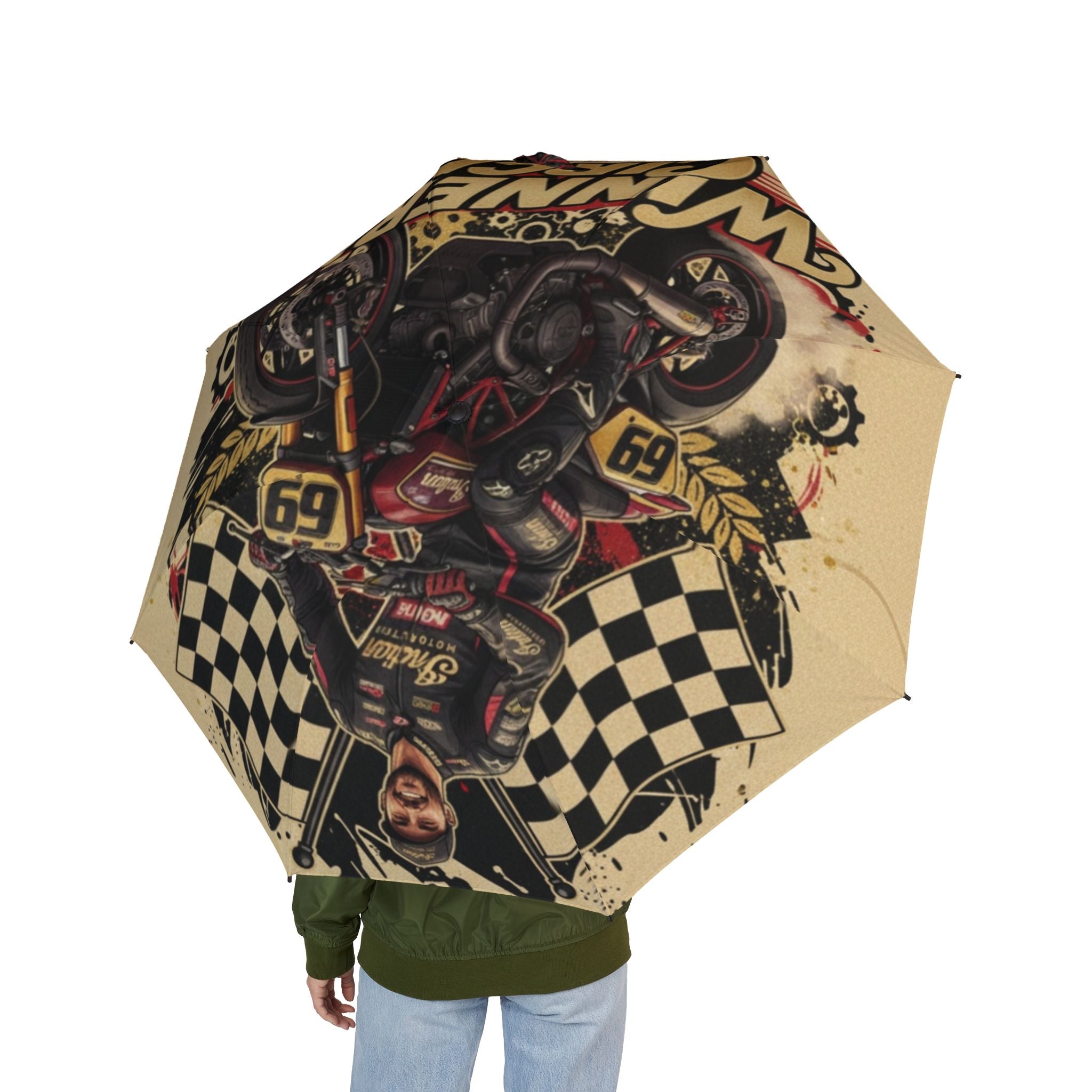 Motorcycle Racing Foldable Umbrella — Retro Checkered Flag Design