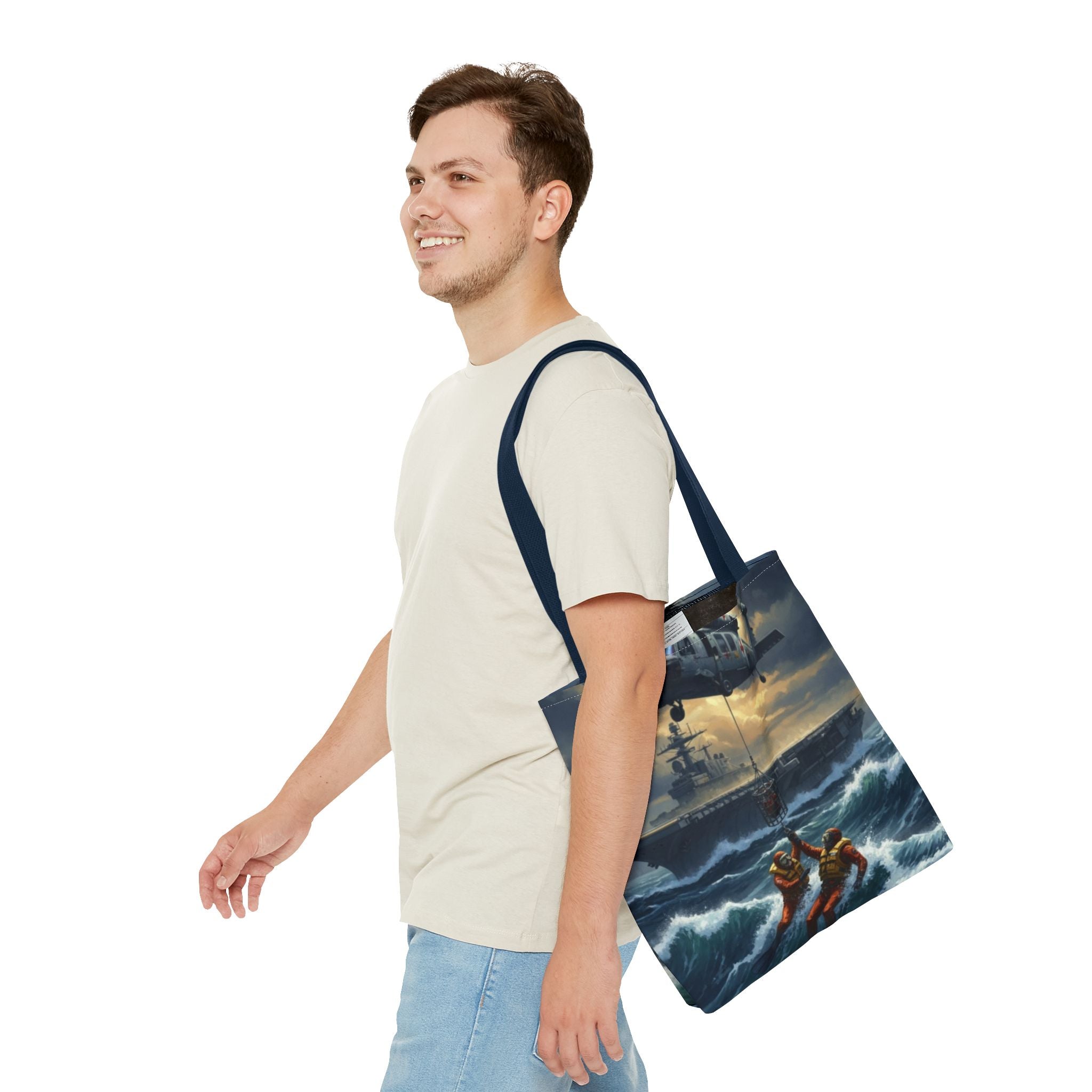 Rescue Squadron Tote Bag – Military Helicopter & Ship Search and Rescue Artwork