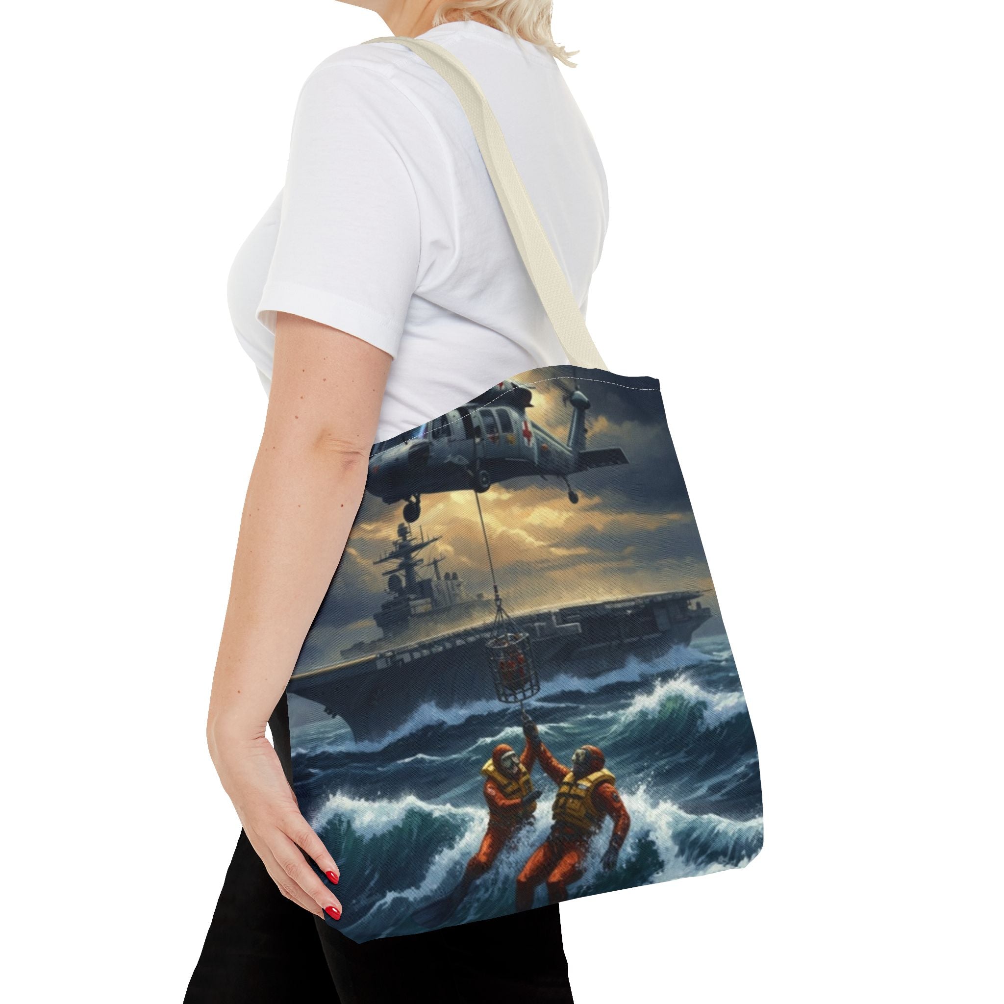 Rescue Squadron Tote Bag – Military Helicopter & Ship Search and Rescue Artwork
