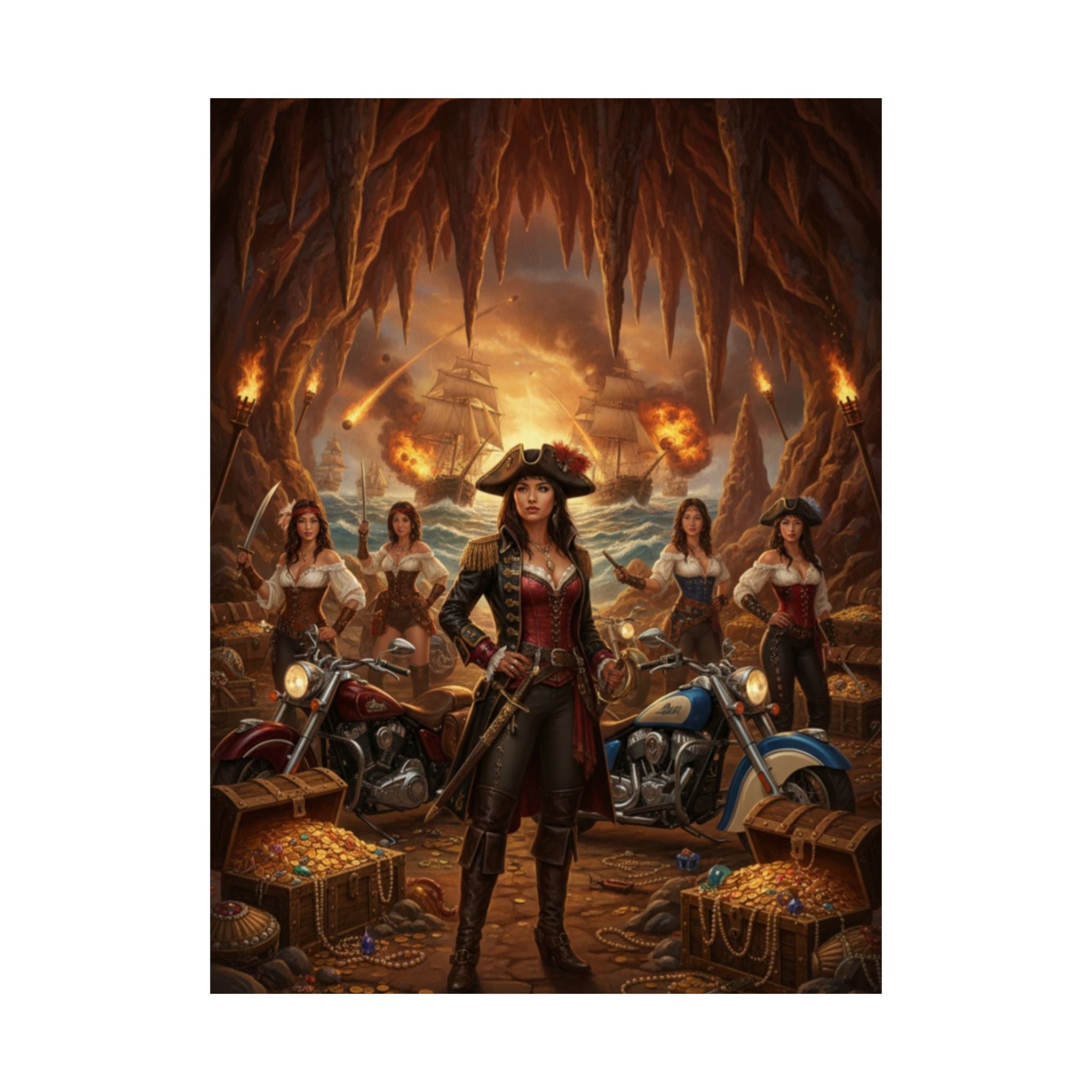 Pirate Queen Matte Poster — Fantasy Biker Treasure Cave Wall Art