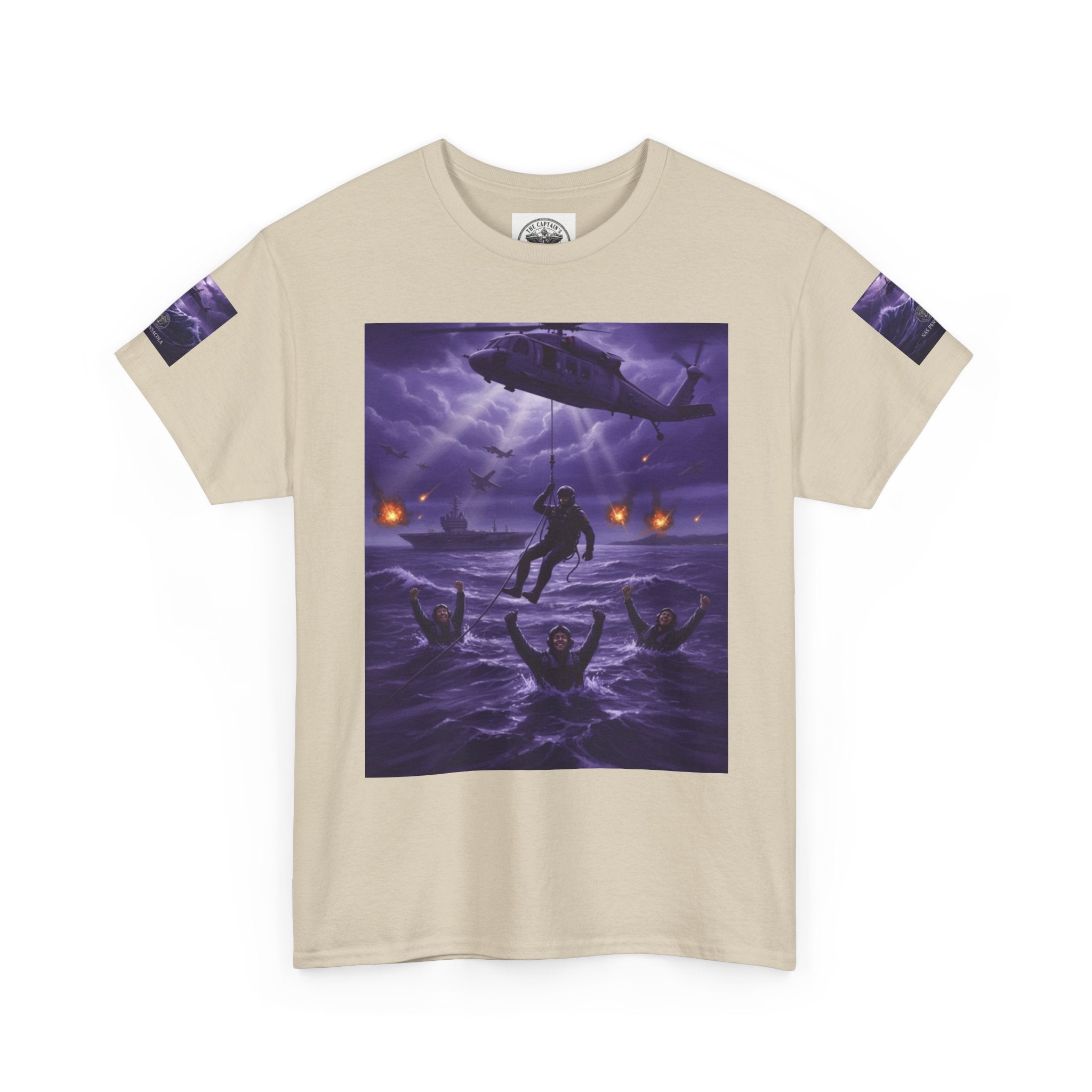 Rescue Night Tee — Purple Helicopter Sea Rescue Graphic T-Shirt
