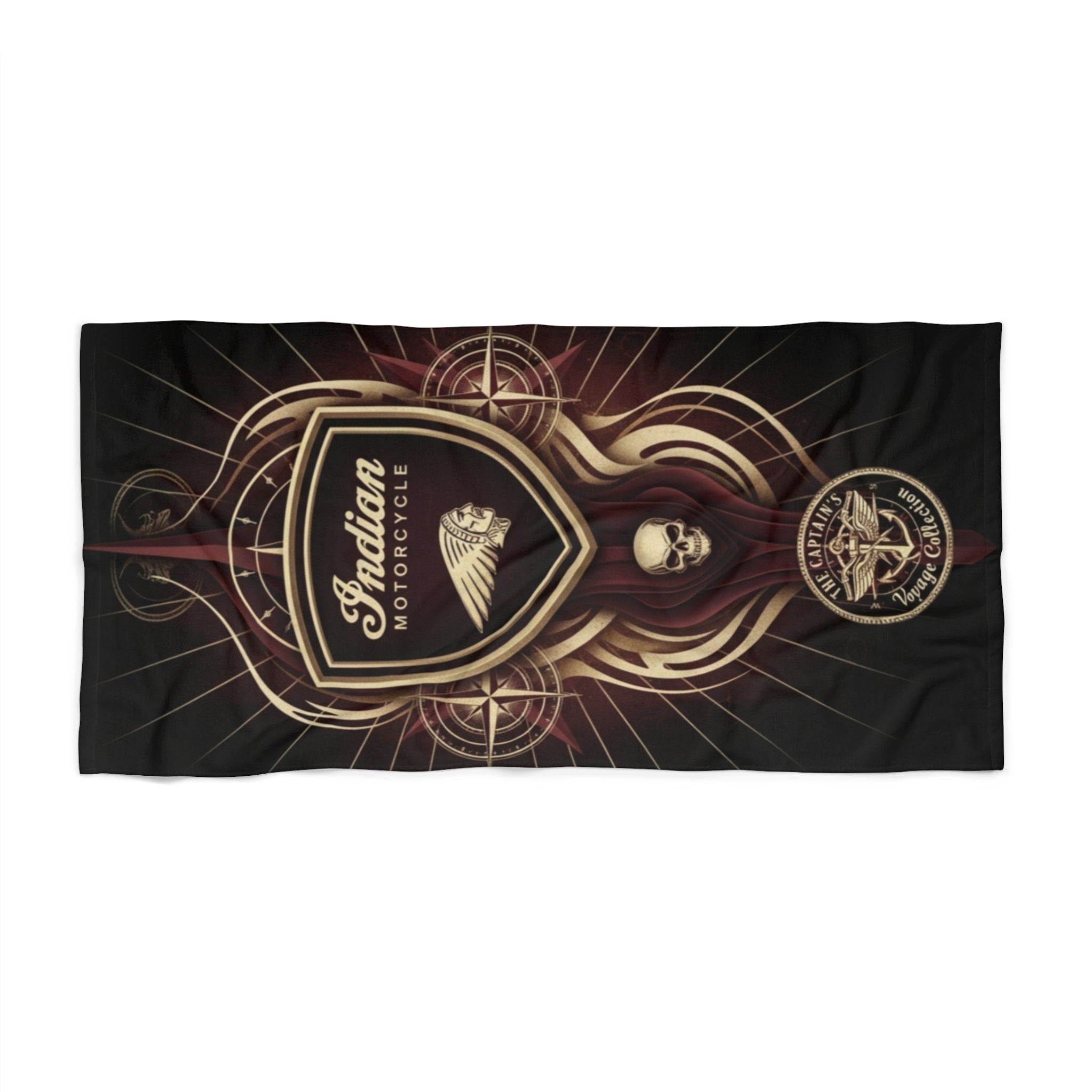 Indian Motorcycle Emblem Beach Towel — Vintage Skull & Shield Design