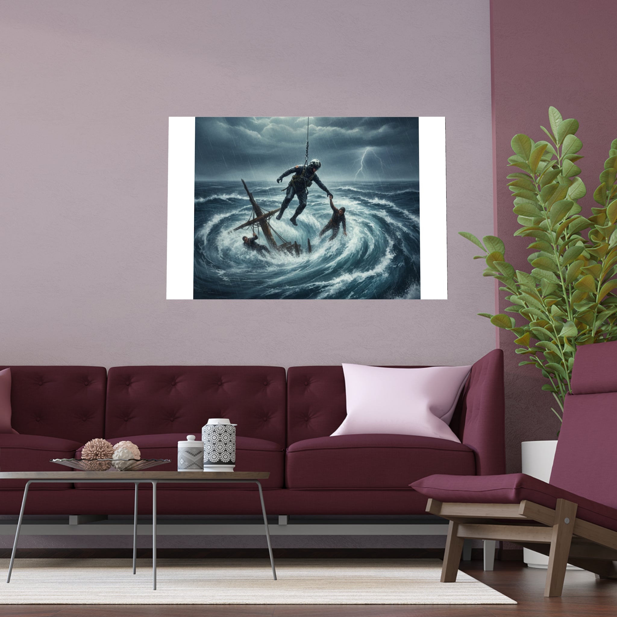 Stormy Sea Silk Poster — Dramatic Sailor Rescue Wall Art (Indoor/Outdoor)