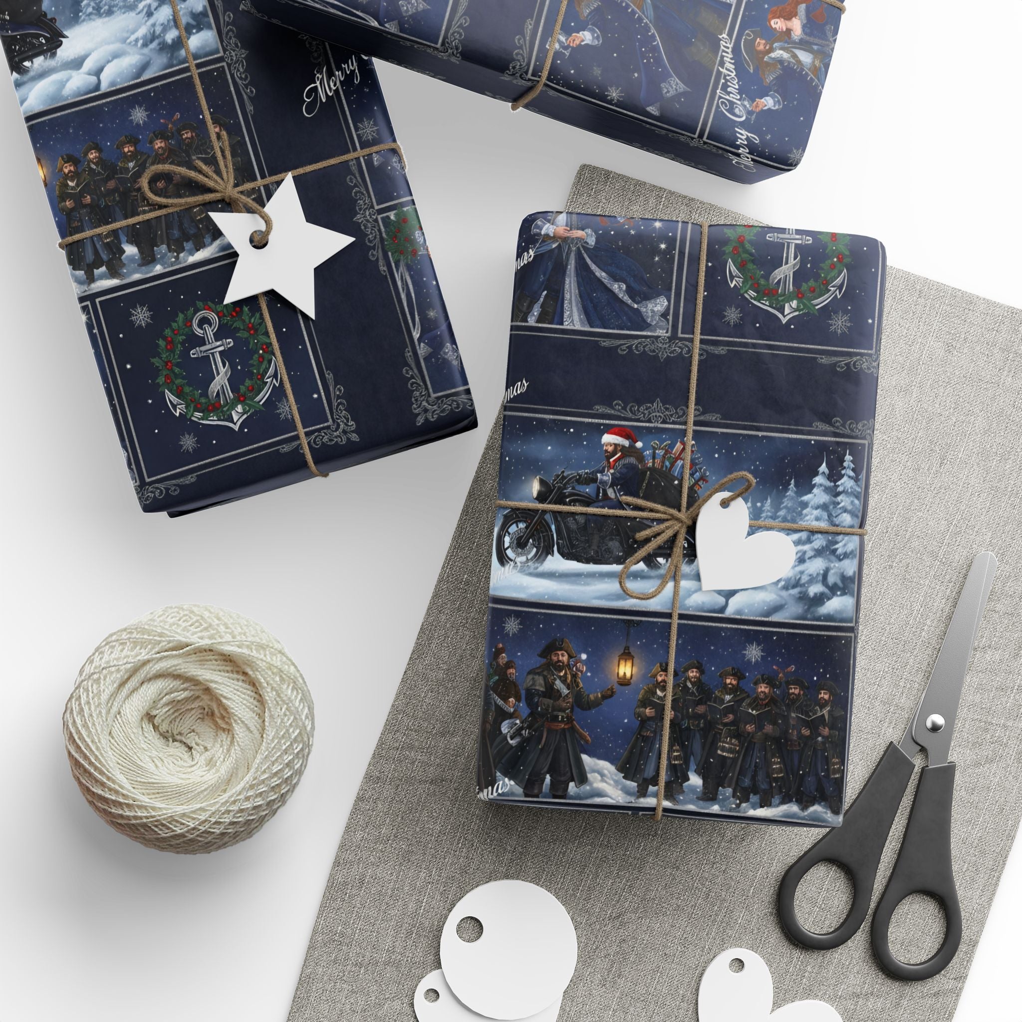 Wrapping Paper - Festive Navy Holiday Scene Gift Wrap (Snow, Sleigh, Night Sky)