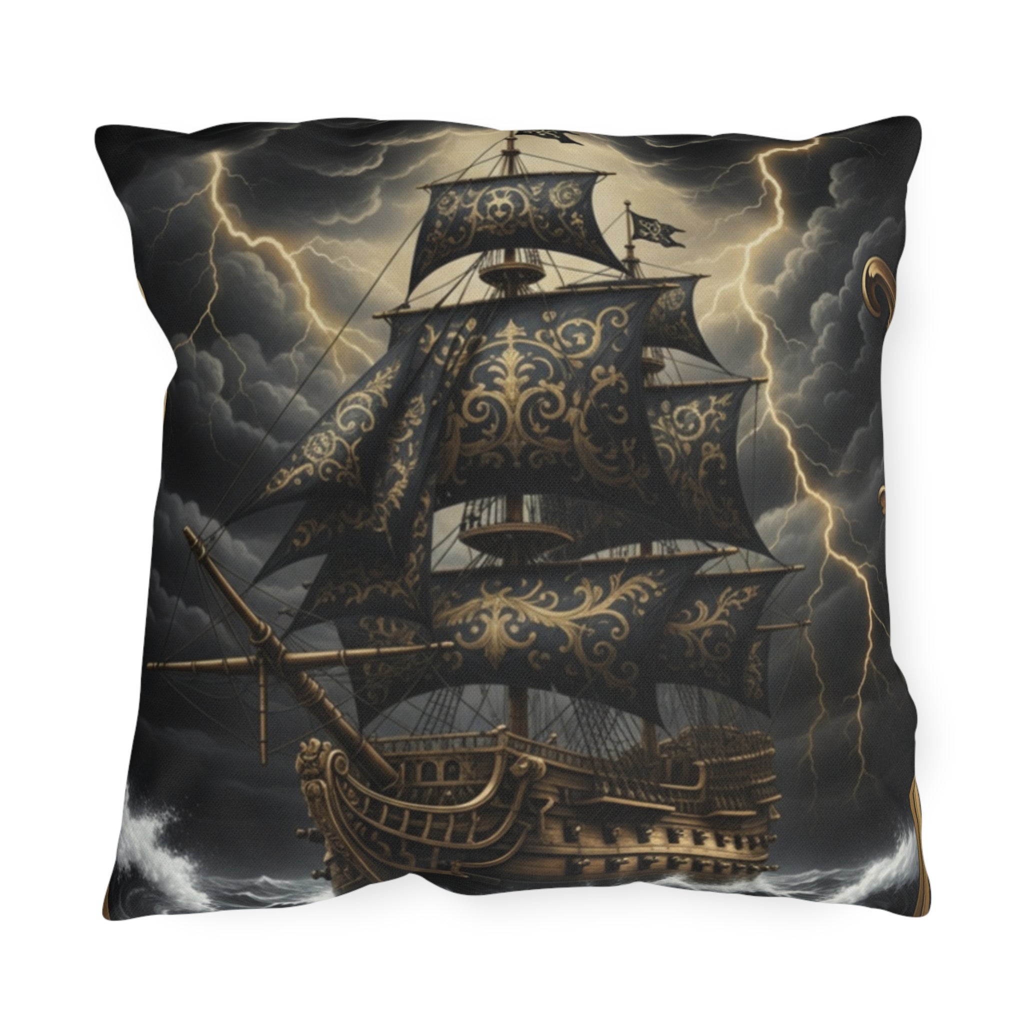 Nautical Black Pirate Ship Outdoor Pillow - "The Captain's Voyage Collection" Accent Cushion